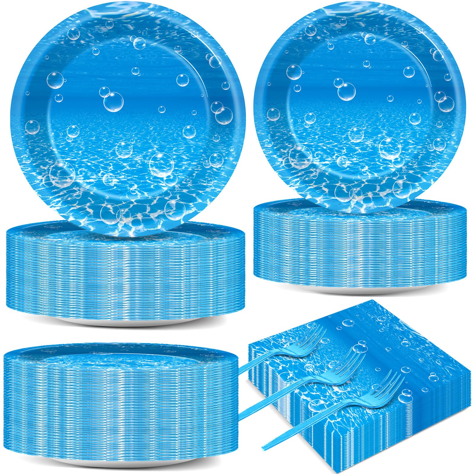 200PCS Ocean Sea Party Plates and Napkins Under the Sea Bubbles Themed Tableware Set for Ocean Party Decorations Dessert Plates Serve 50 Guests for Blue Baby Shower Birthday Favor Supplies