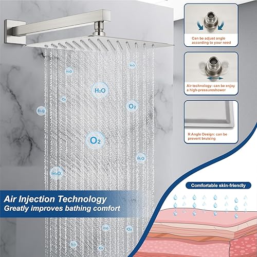 Miniatura 8 de Midanya Sistema de ducha de lluvia de níquel cepillado, juego de grifo de ducha cuadrado de 10 pulgadas, cabezal de ducha de lluvia cuadrado con