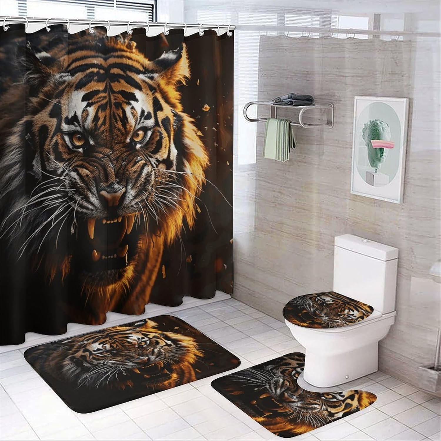 Ferocious Tiger 4Pcs Shower Curtain Set with Non-Slip Rugs, Toilet Lid Cover and Bath Mat,Bathroom Set Decor Accessories,Curtain Set with 12 Hooks, 72 X 72 Inch