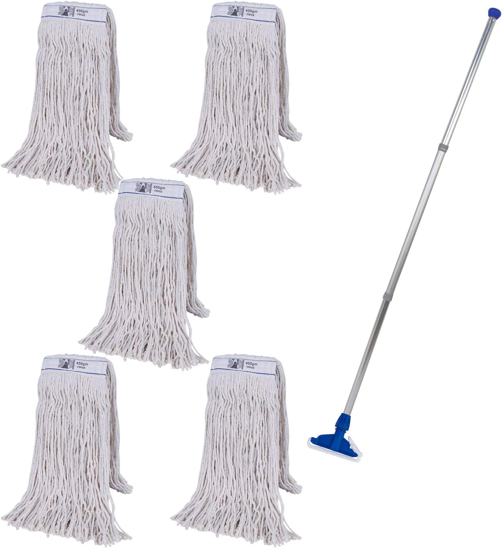 Abbey Heavy Duty Professional Kentucky Mop Handle and Holder With 5 Heads (450g) - Industrial Color-Coded Mop to Avoid Cross Contamination - Commercial Cleaning Tool for Hard Floors, Blue
