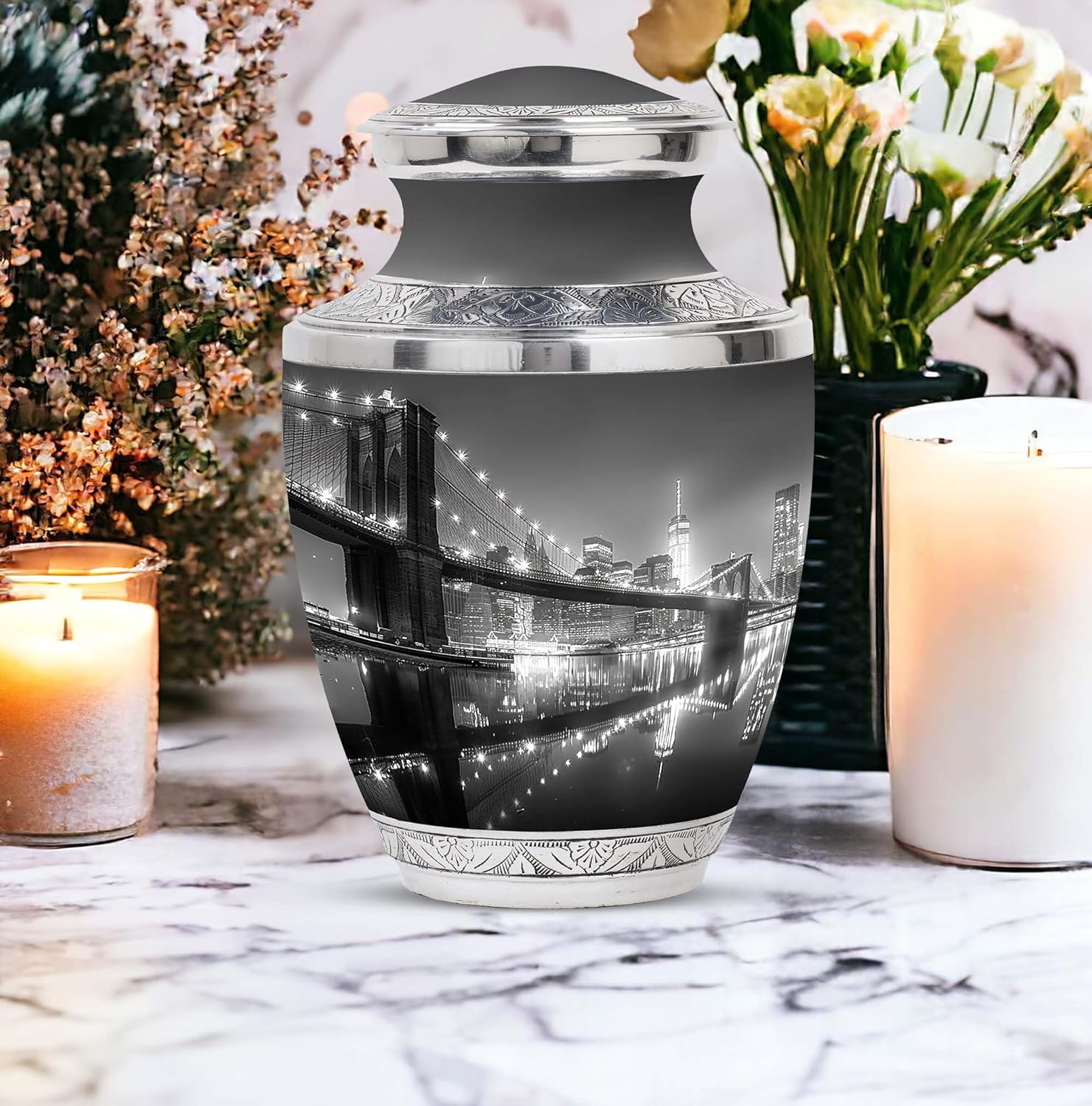 Brooklyn Bridge At Night - Urn For Human Ashes - 10 Inch - Cremation Urns - Large With Velvet Bag - Decorative Urn For Male - Modern Urn For Adults - Funeral Urns - Memorial Urns For Mom And Dad