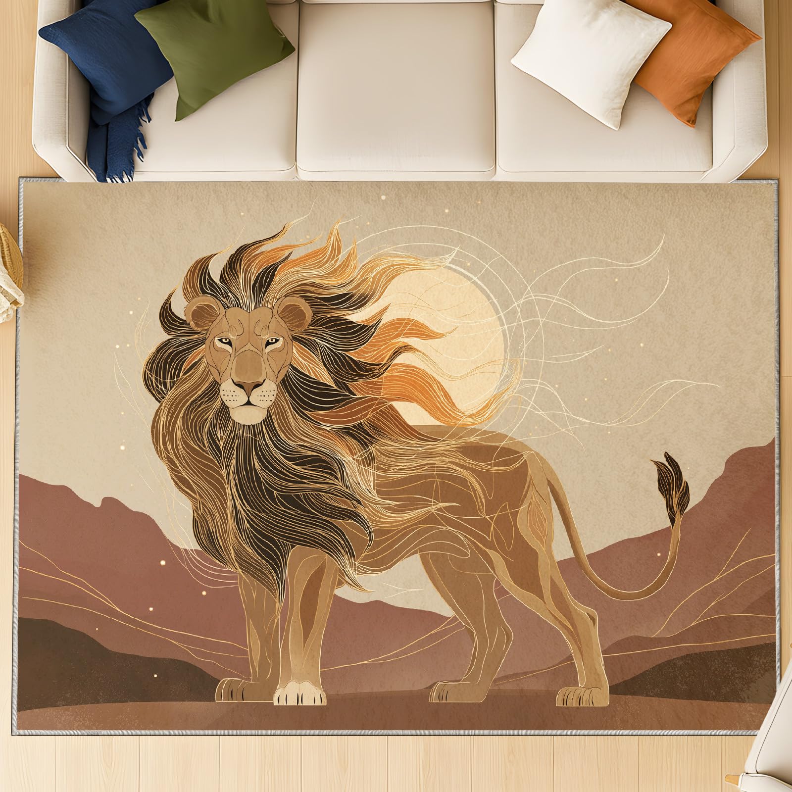 Retro i elegancki cienki dywan 140 x 200 cm | żółty złoty kudłaty dywan do salonu do przedpokoju biura pralni pokój dziecięcy | abstrakcyjny rysunek liniowy lew bohater wycieraczka z mikrofibry