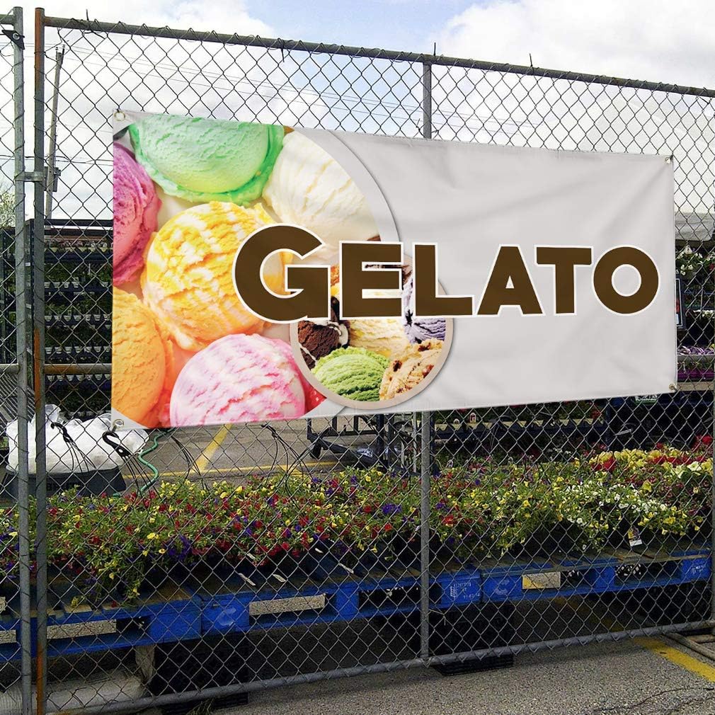 Vinyl Banner Multiple Sizes Gelato Outdoor Advertising Printing A Restaurant & Food Outdoor Weatherproof Industrial Yard Signs White 4 Grommets 16x40Inches
