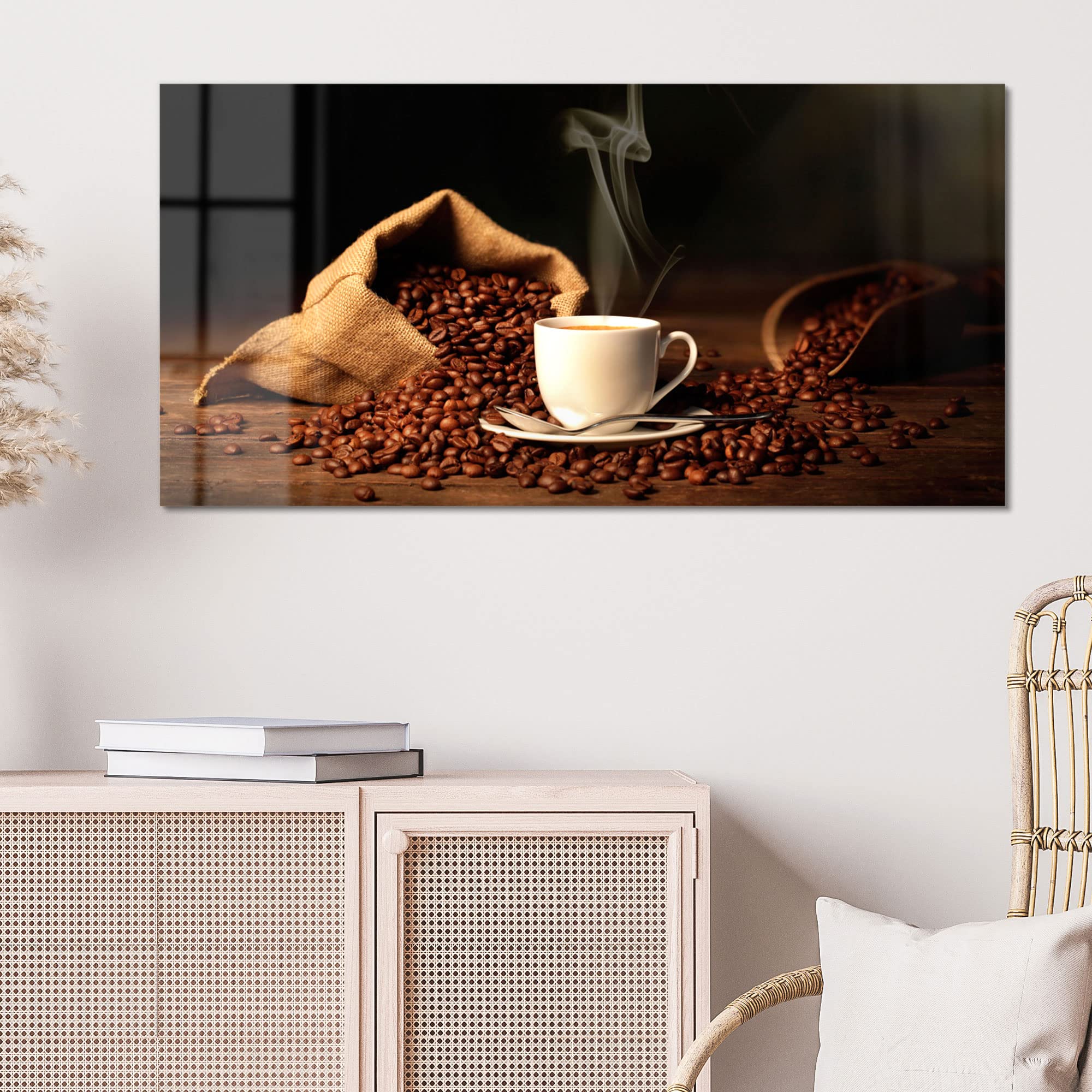 DEQORI Obraz na szkle z prawdziwego szkła | motyw filiżanki do kawy z ziarnami | poziomo jednoczęściowy 100 x 50 cm | piękna dekoracja | obraz ścienny do salonu, sypialni, korytarza i kuchni | nowoczesna dekoracja ścienna