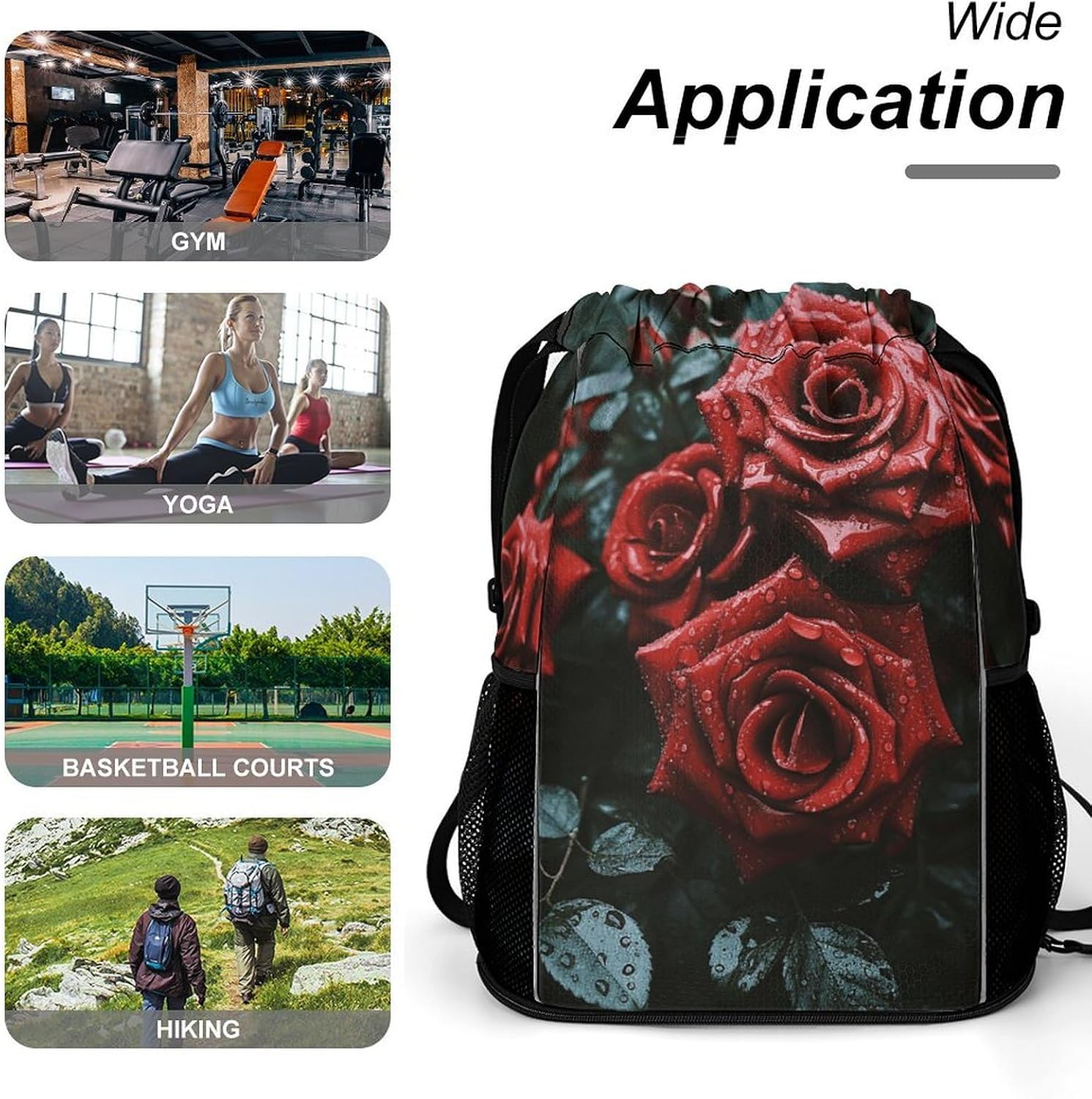 Red And Black Rose Drawstring Backpack for Adult,Gym Bag with Shoe Compartment,Hiking Backpack with Mesh Side Pockets