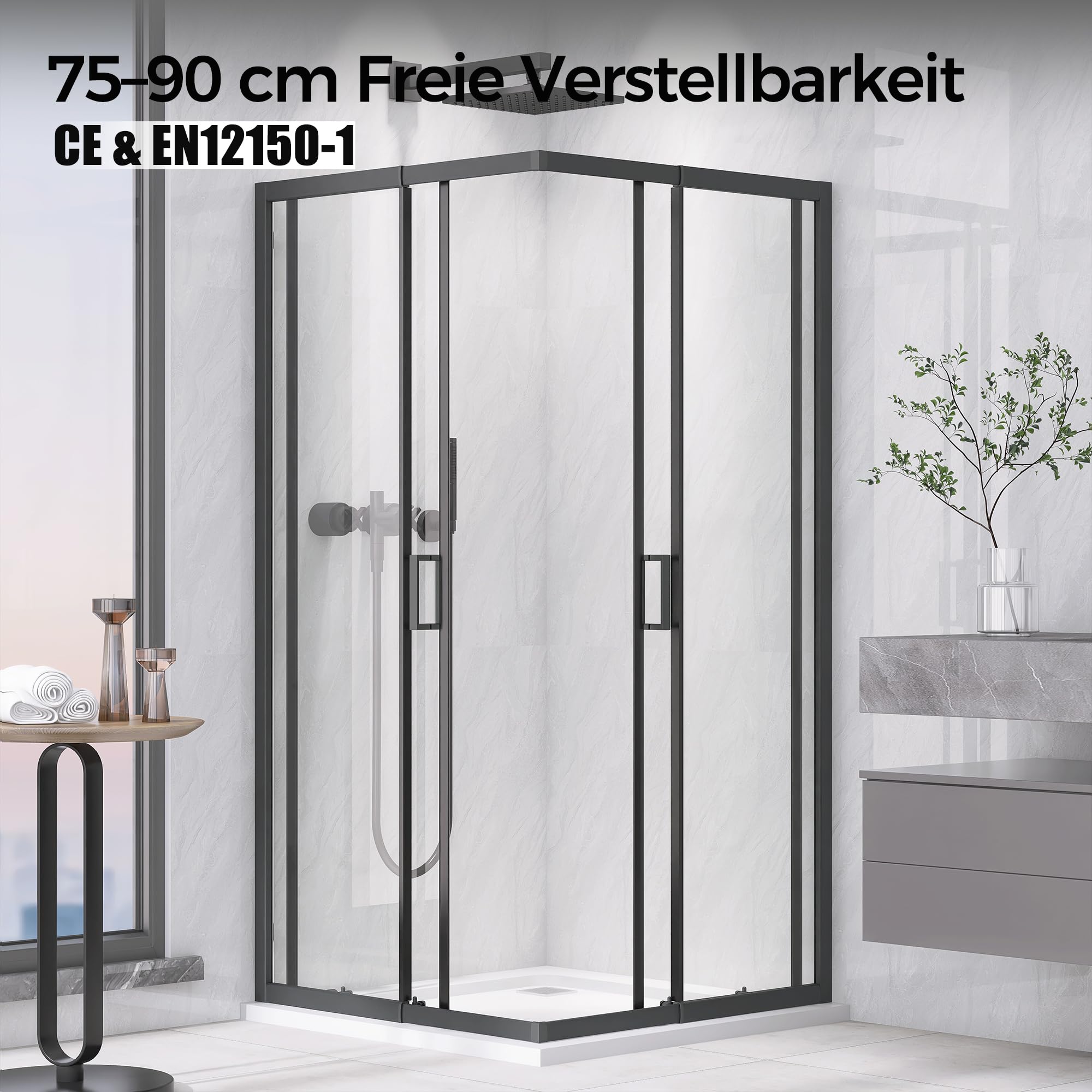 STARLEAD Duschkabine Variabel 75-90 cm – Flexibler Eckeinstieg Passend für Duschkabine 90x90 & 80 x 80, 180cm 4mm ESG Sicherheitsglas, Magnetdichtung, Moderne Komplettdusche, Schwarz Matt