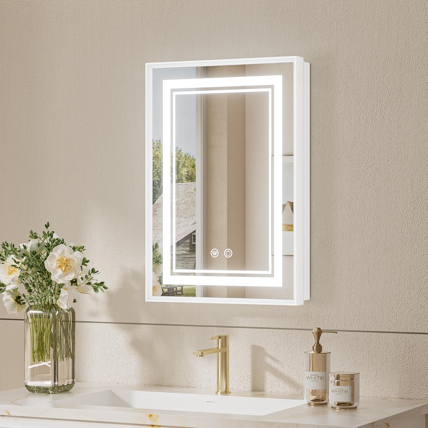 TokeShimi 16x24 White Led Medicine Cabinet Mirror for Bathroom Tempered, 3-Color Stepless Dimming Recessed Lighted Medicine Cabinet with Mirrored Defog, Mirror with Storage and Outlets 24"L x 16"W White