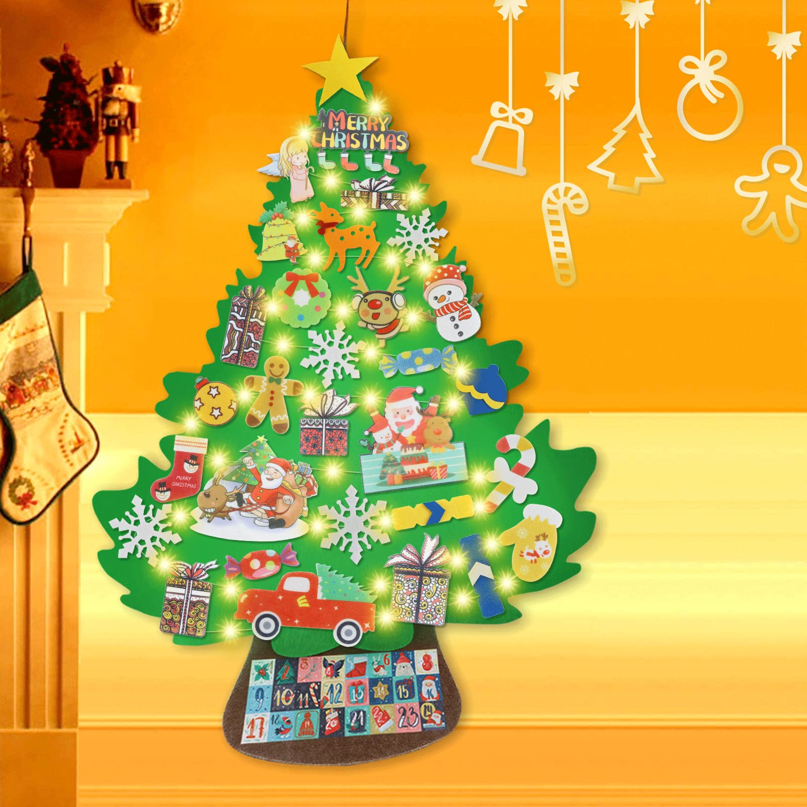 Feutre Arbre De Noël,Sapin De Noël Avec LED,Enfant De Noël En Feutre Arbre Ensemble,Sapin De Noël Décoration Vitrine DIY Feutre,DIY Arbre De Noël Poche De Calendrier (Sapin De Noël-2