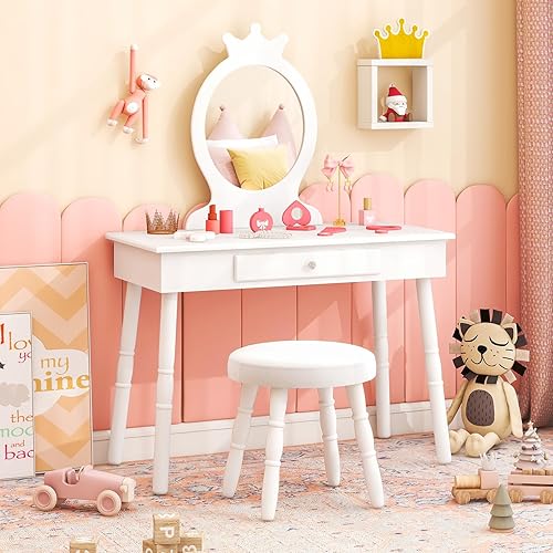 HONEY JOY Vanity - Juego de tocador y silla de maquillaje de princesa con forma de corona con cajón, taburete acolchado para niños pequeños, espejo