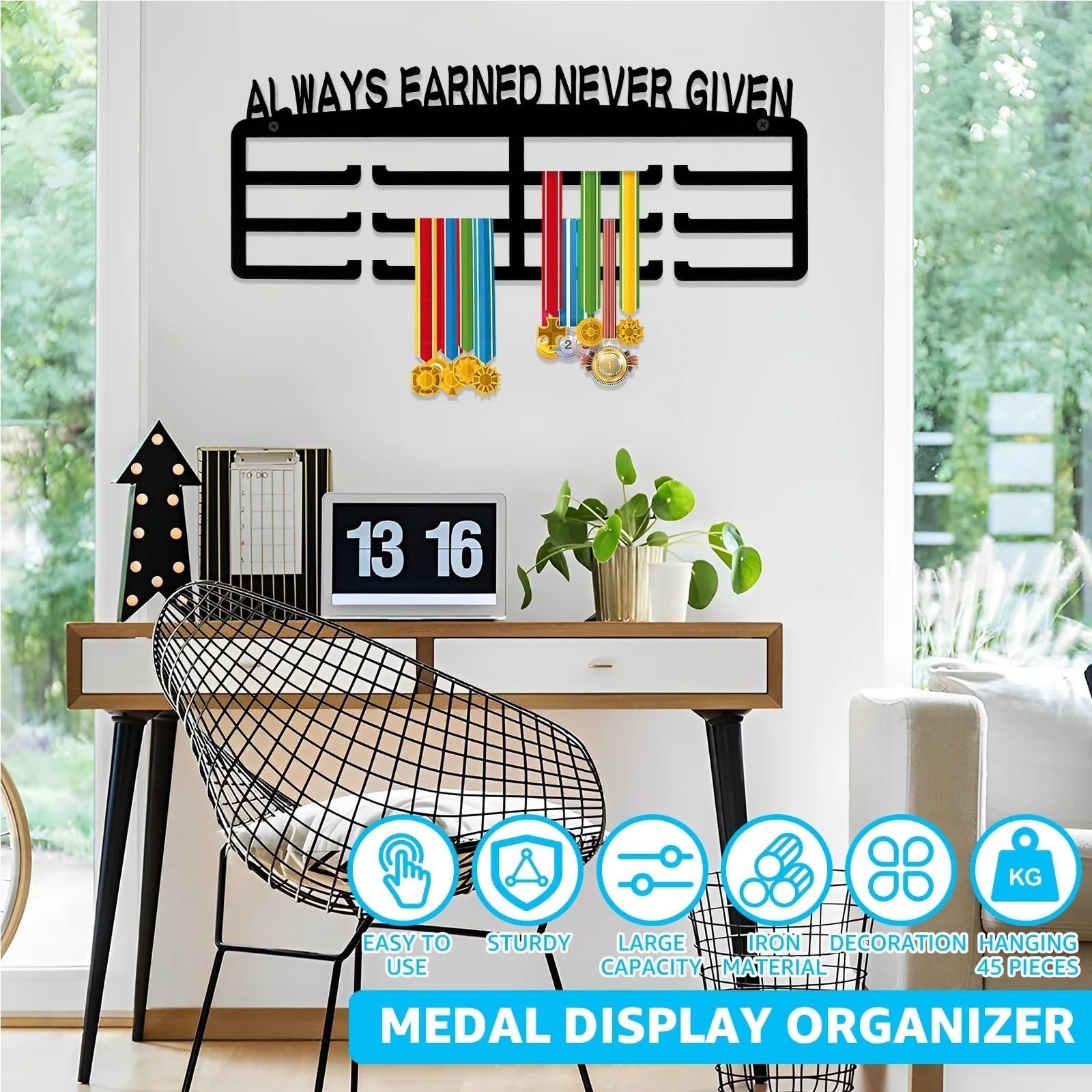 Colgador de exhibición de medallas, soporte de exhibición de medallas de metales montado en la pared con palabras inspiradoras, estante conmemorativo for sala de estar Para Exponer Medallas(Style 01)