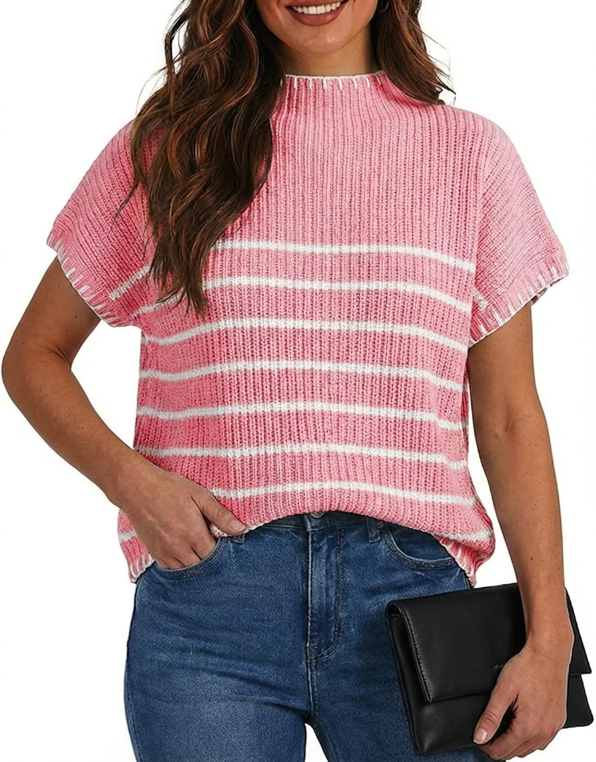Women's Short Sleeve Sweater Mock Neck Striped Summer Pullover 2026 Cap Sleeve Ribbed Knit Vest Tops - Image 4