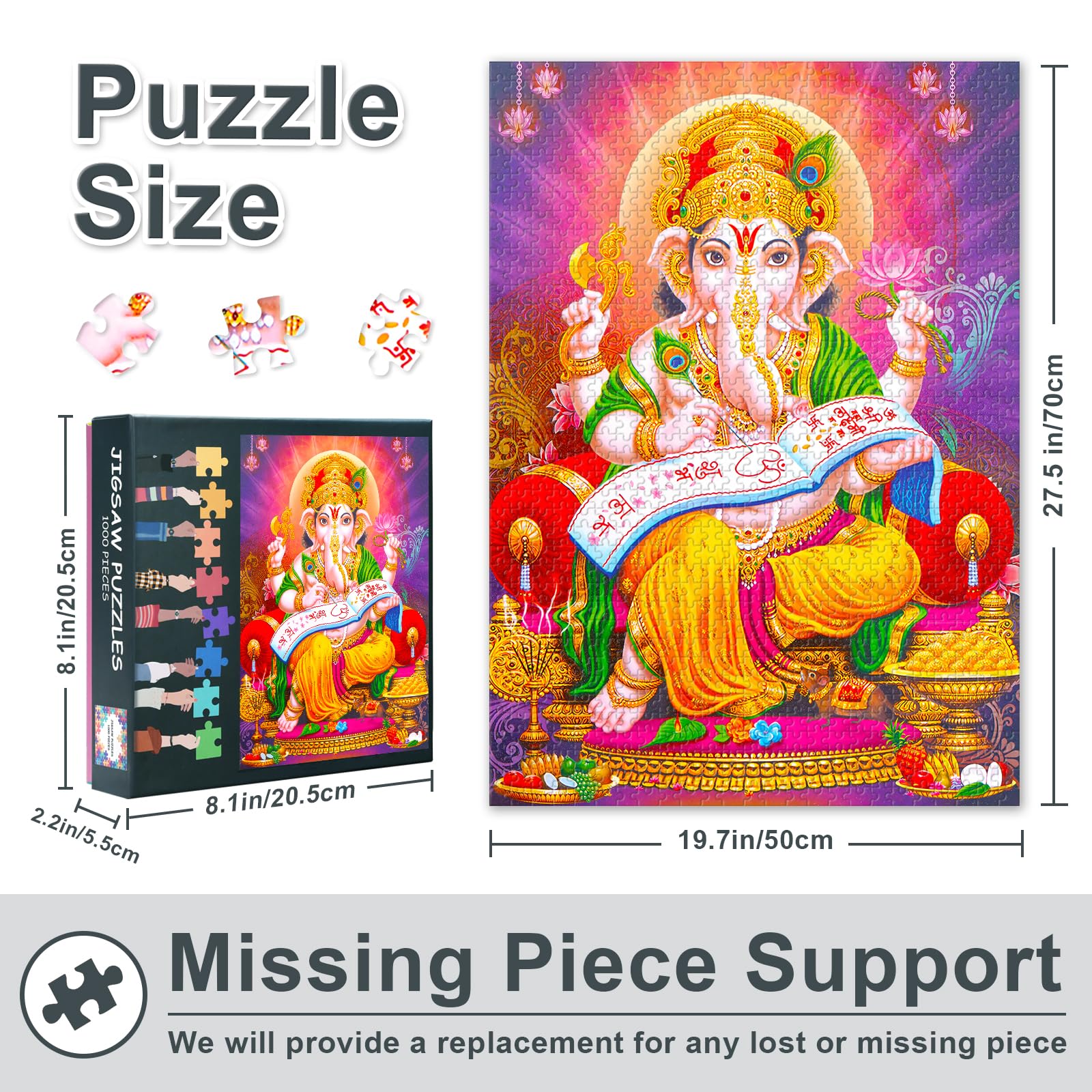 1000 Pieces Puzzles for Adults Lord Ganesha,Hard Difficult Challenging Jigsaw Puzzles Hindu Ganesha Ganpati Painting Puzzle Games for Adults 50x70 cm - Image 3