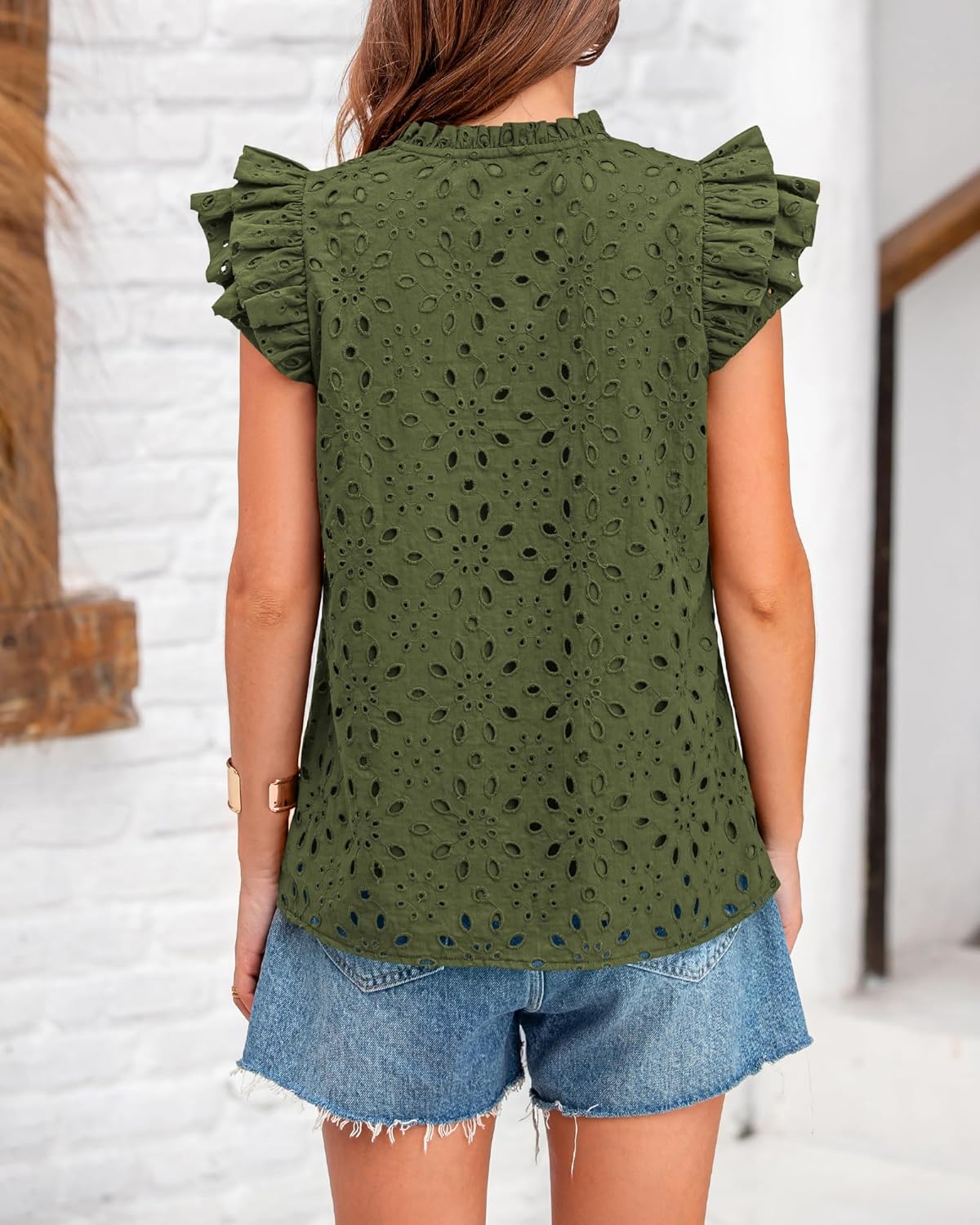 BTFBM Spring Summer Tops for Women 2026 Dressy Casual V Neck Ruffle Cap Sleeve Embroidered Eyelet Blouses Resort Wear - Image 3