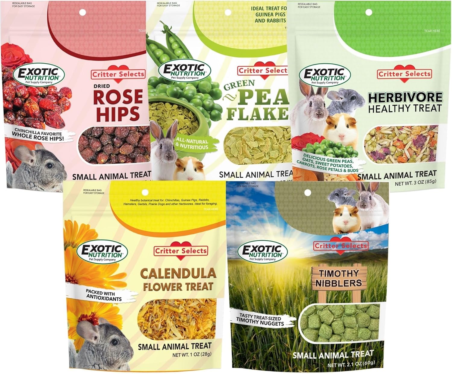 Chinchilla Treat Sampler - Healthy Natural Assorted Variety Treat Package - Rose Hips, Pea Flakes, Calendula Flowers, Timothy Puff Sticks & More - For Pet Chinchilla & Other Herbivores