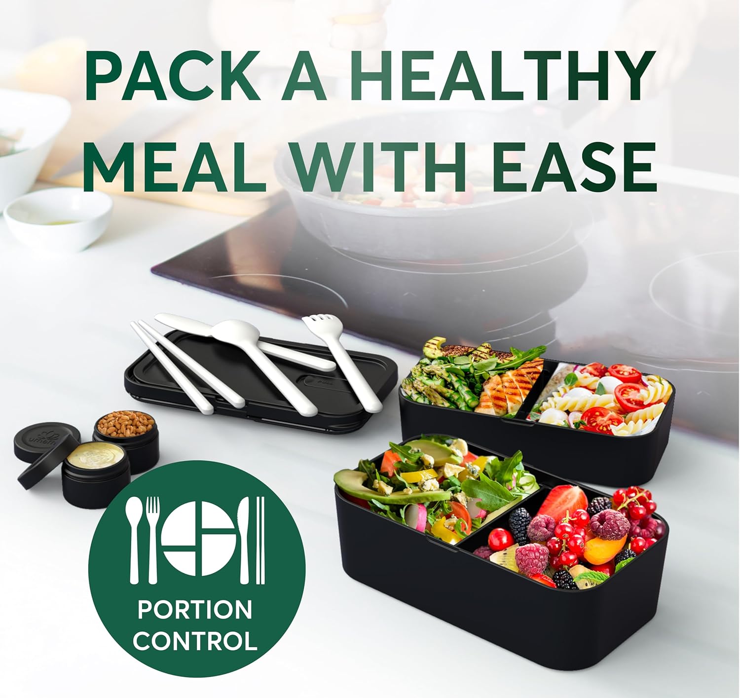 Umami Premium Lunch Box Containers w/ 4 Utensils, 2 Sauce Jars, Nestable Space-Saving Bento Box Adult, 100% Leakproof, Microwavable Lunch Containers for Adults, Rosewood Black, 50 oz