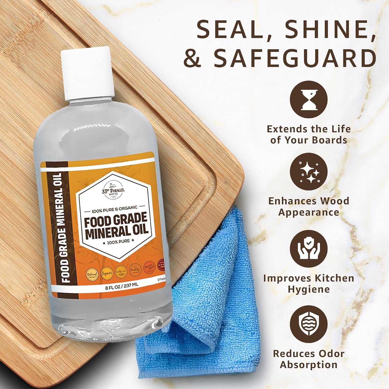 Food Grade Mineral Oil (32 Oz) | Food Safe Cutting Board Oil for Butcher Blocks, Salad Bowls, Charcuterie | Kitchen Countertops Conditioner - Works on Wood, Marble, Granite, Soapstone | 32 Ounces