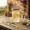 Deconox 1000 ML Bambu Kapaklı Borosilikat Cam Yağlık ve Sürahi - Isıya Dayanıklı Çizgili (Line) Desenli Modern Meşrubat ve Su Karafı (9x17 cm)