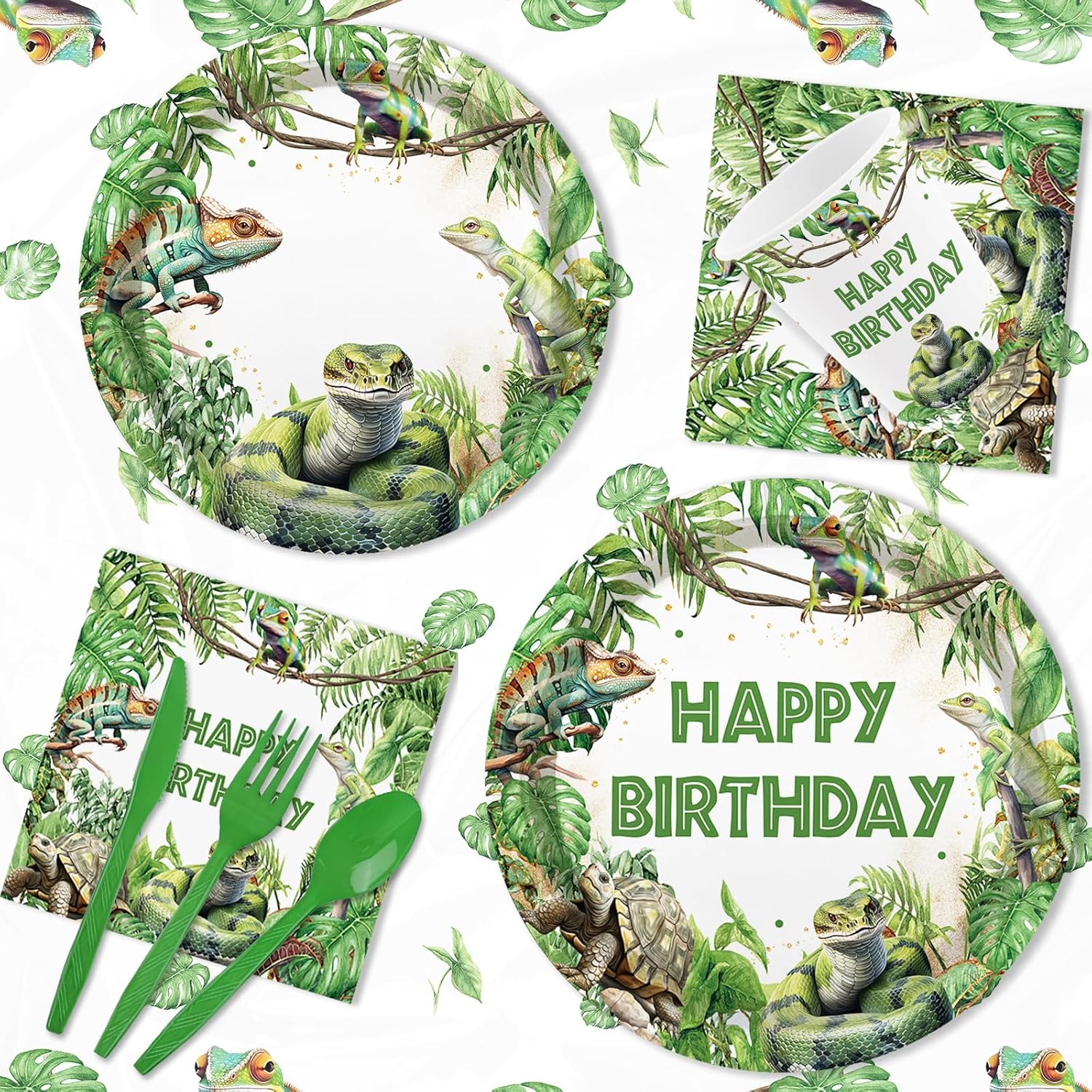 MEHOFOND Reptile Birthday Party Decorations - Happy Birthday Reptile Snake Plates and Napkins - Snake Turtle Palm Leaf Jungle Paper Plates Cups with Tablecloths, Reptile Bday Party Supplies, Serve 24 - Image 4
