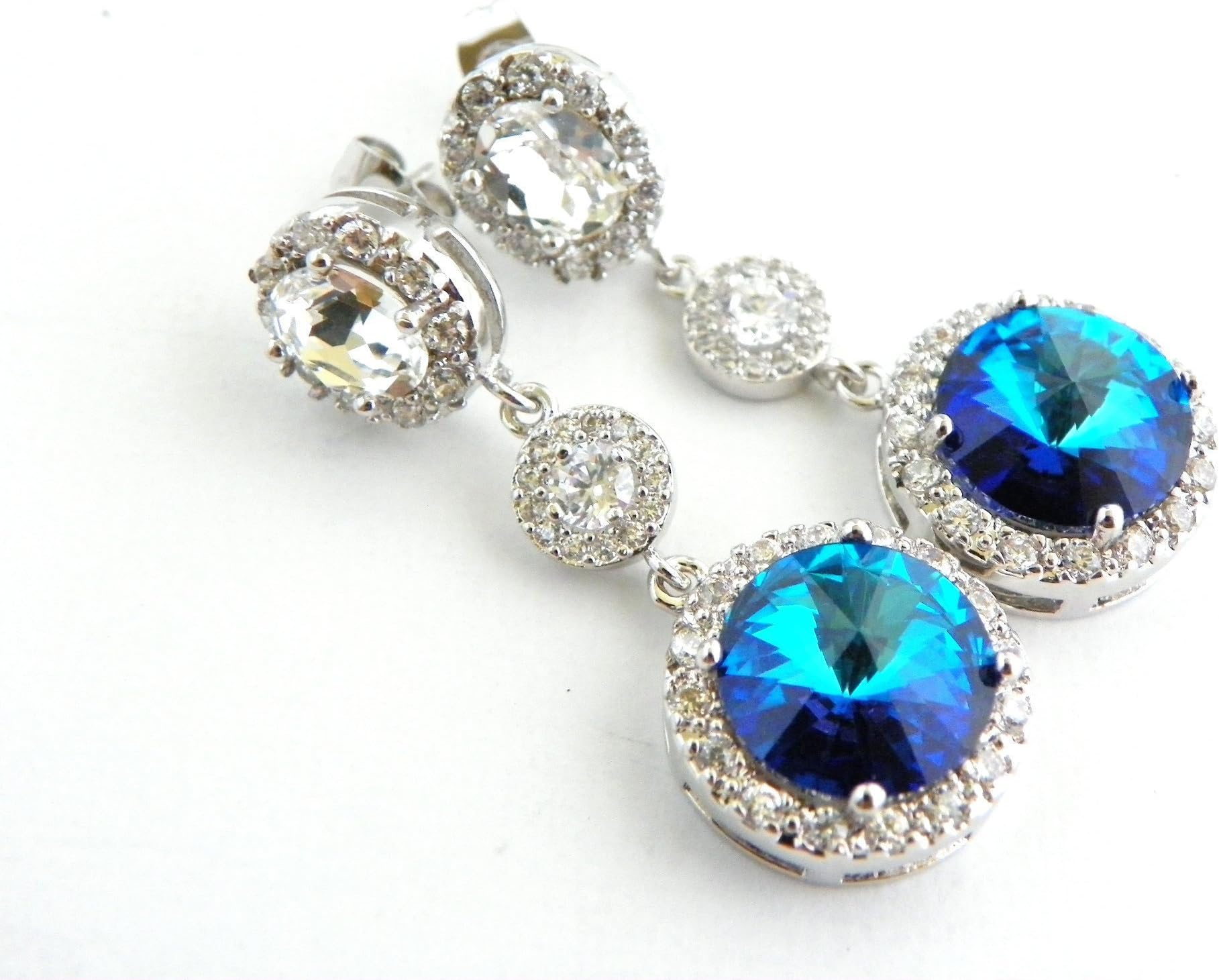 Bermuda Blue Bridesmaid or Bridal Wedding Earrings Swarovski Crystal Jewelry Long Dangle Post Earings - Choose from Round or Oval Clear Top