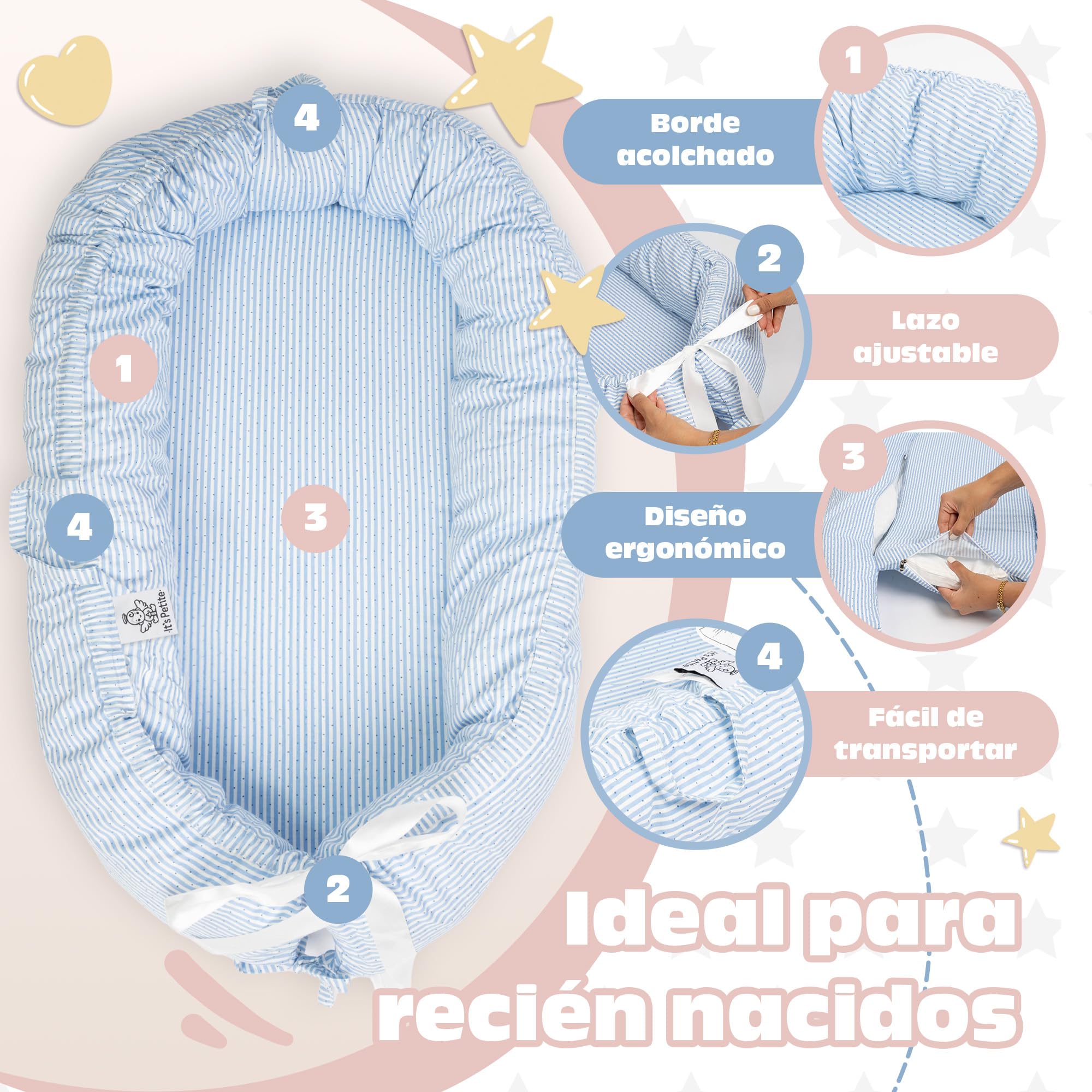 It's Petite Nido Bebe Recien Nacido con Saco de Dormir a Juego - Reductor Cuna Bebe 100% Algodón Eco - Baby Nest con Pijama a Juego