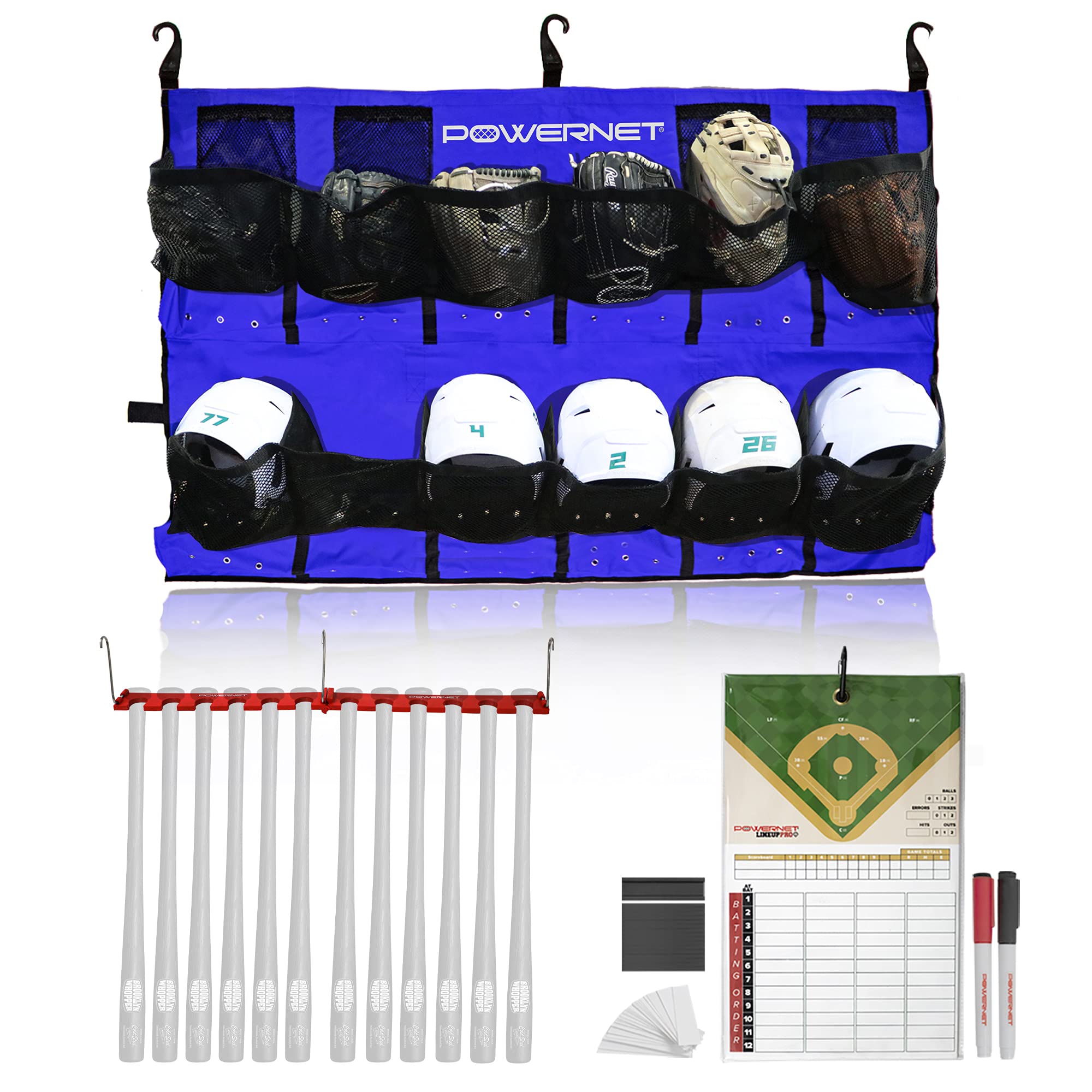 Feel the Dugout Calm with PowerNet On Deck Team Bundle: Your Organized Glove & Helmet Holder, Fence Bat Rack, and Dry Erase Lineup Board in 