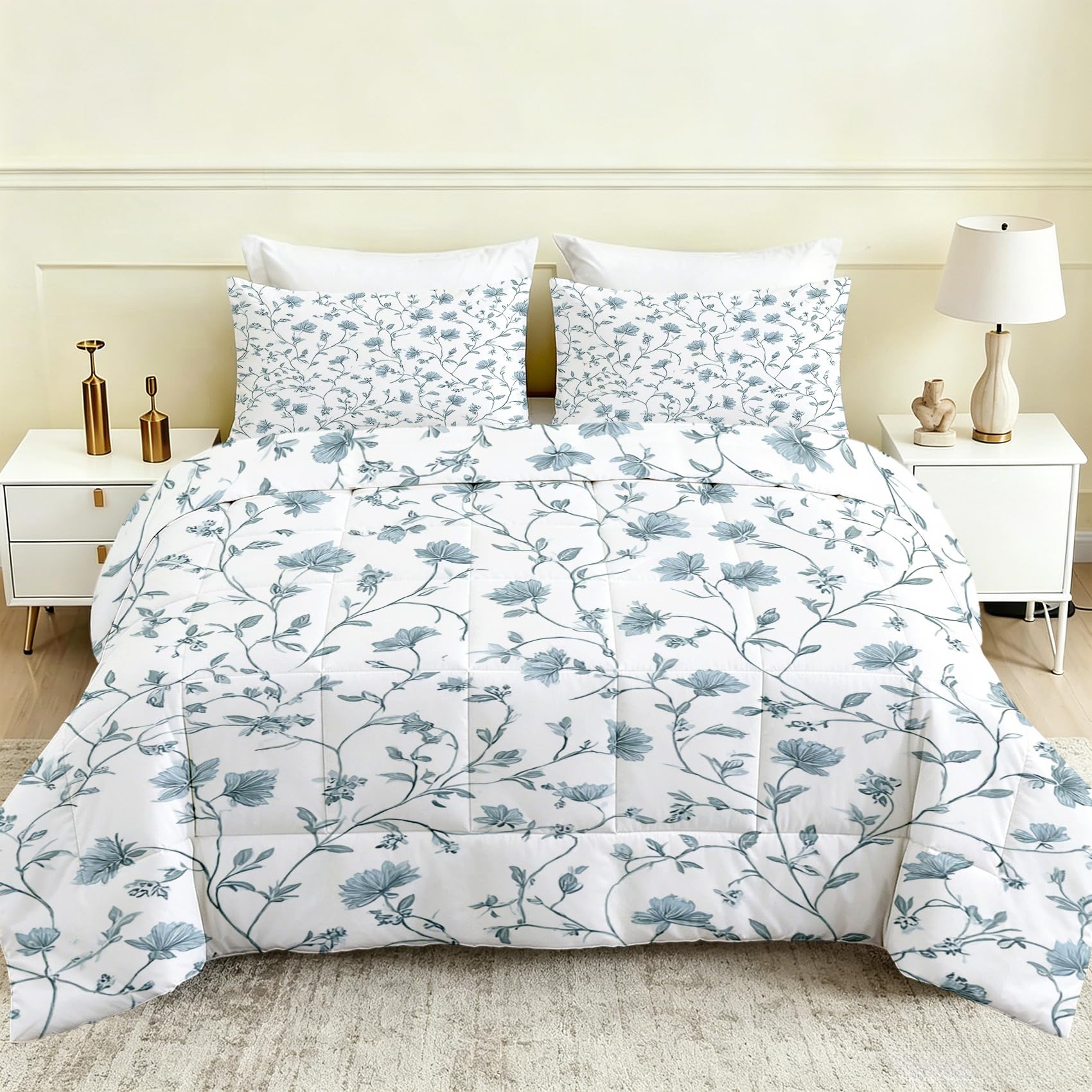 Blue Flower Summer Duvet King Size 4.5 Tog, Country Farmhouse Coverless Quilt, Floral Lightweight & Breathable Comforter 230x220 with 2 Pillowcases, Machine Washable, zT104-S