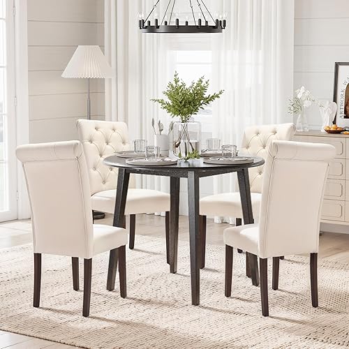 Miniatura 5 de COLAMY Accent Parsons - Juego de 4 sillas de comedor copetudas, sillas de comedor tapizadas de tela elegante con patas de madera maciza y asiento
