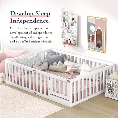 Miniatura 5 de Tatub Cama de piso matrimonial con barandillas de seguridad y puerta marco de cama para niños pequeños tamaño matrimonial para niñas y niños cama de