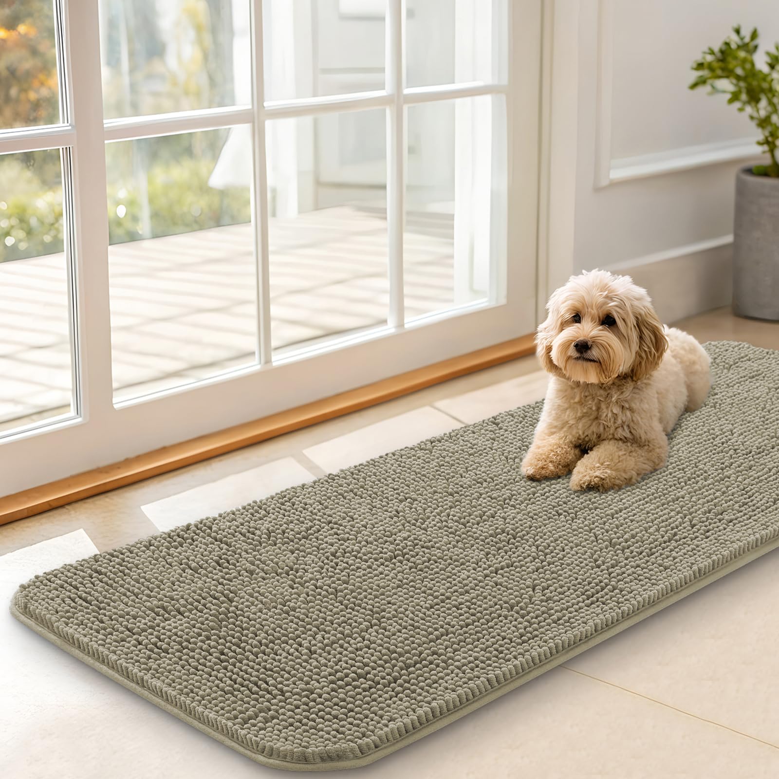 OLANLY Dog Door Mat for Muddy Paws 47x17, Super Absorbent Chenille Mud Mat