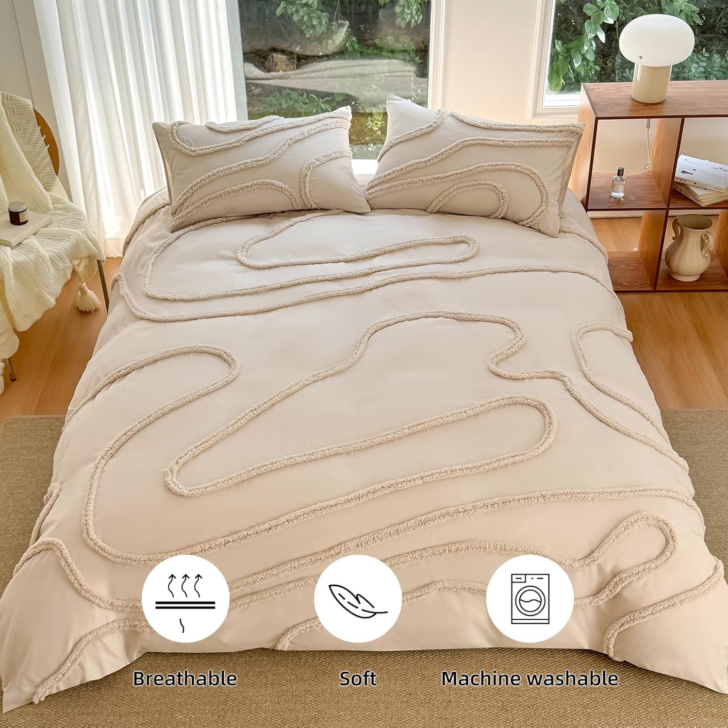MEILA Washed Microfiber Duvet Cover Set Queen Size, Tufted Wavy Design 3 Pieces Bedding Set, Soft Bohemian Textured Embroidery Bedding Set with Zipper & Corner Ties, 90"*90",Beige