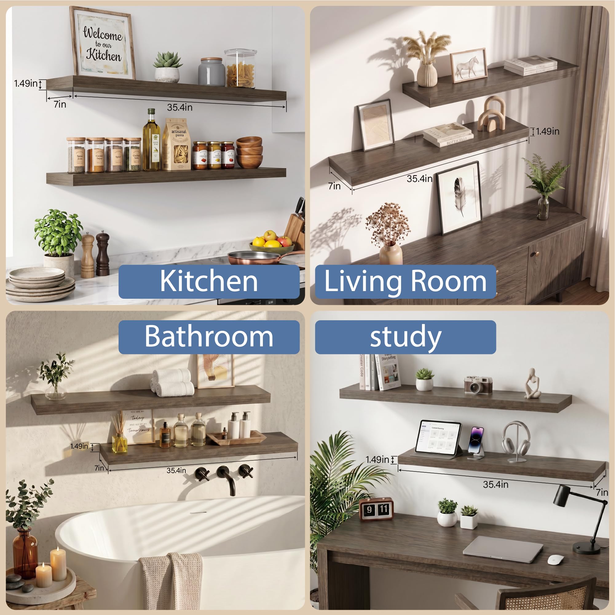 Estantes flotantes de madera para decoración de pared y almacenamiento, estantes colgantes resistentes con soportes invisibles, estante decorativo de pared para sala de estar, dormitorio