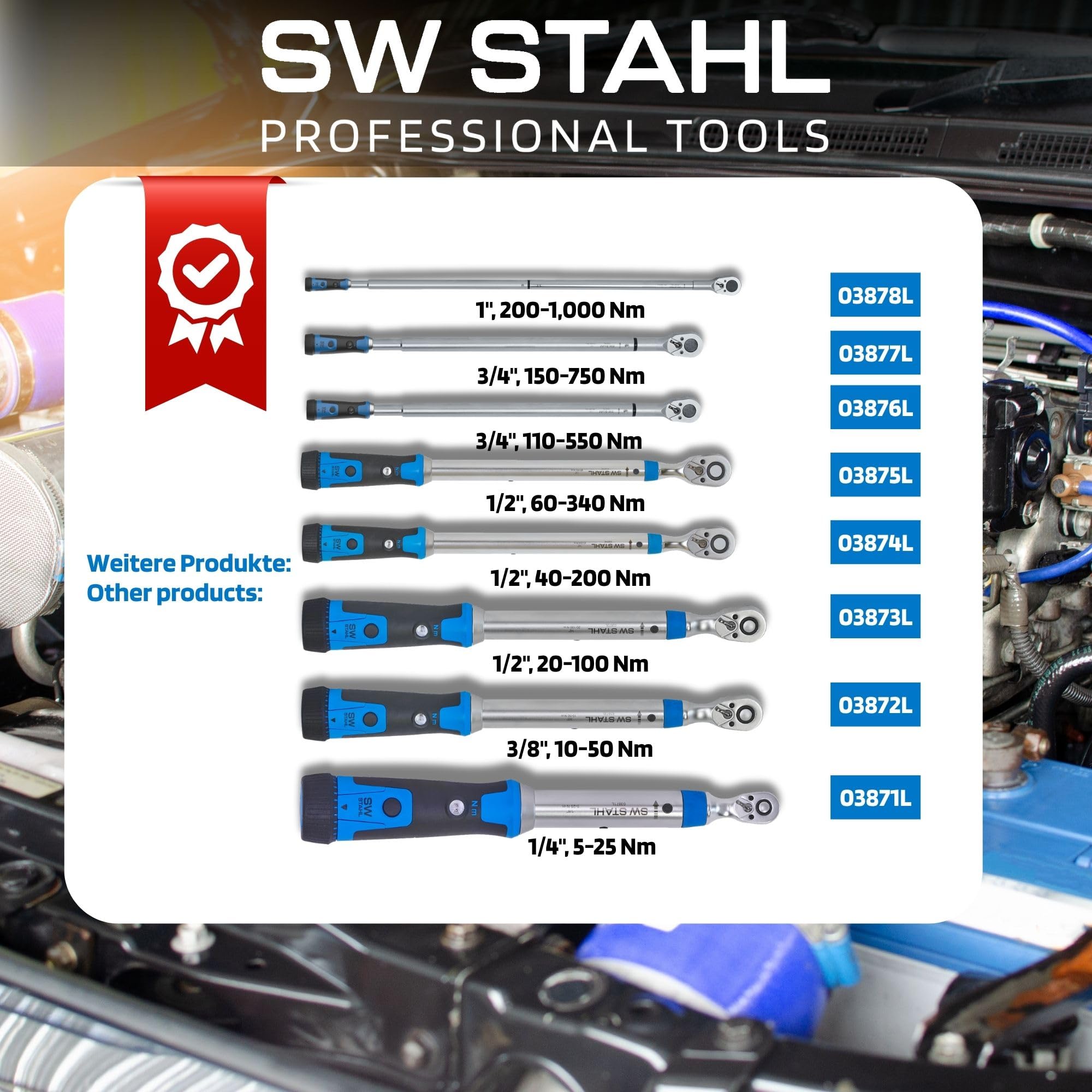 SW-Stahl 03875L Llave Dinamométrica 1/2 Pulgadas 60-340 Nm para Coche | Carraca de acero cromo vanadio de 12,5 mm, escala de 0,1 Nm, 48 dientes, ideal para cambio de neumáticos y taller