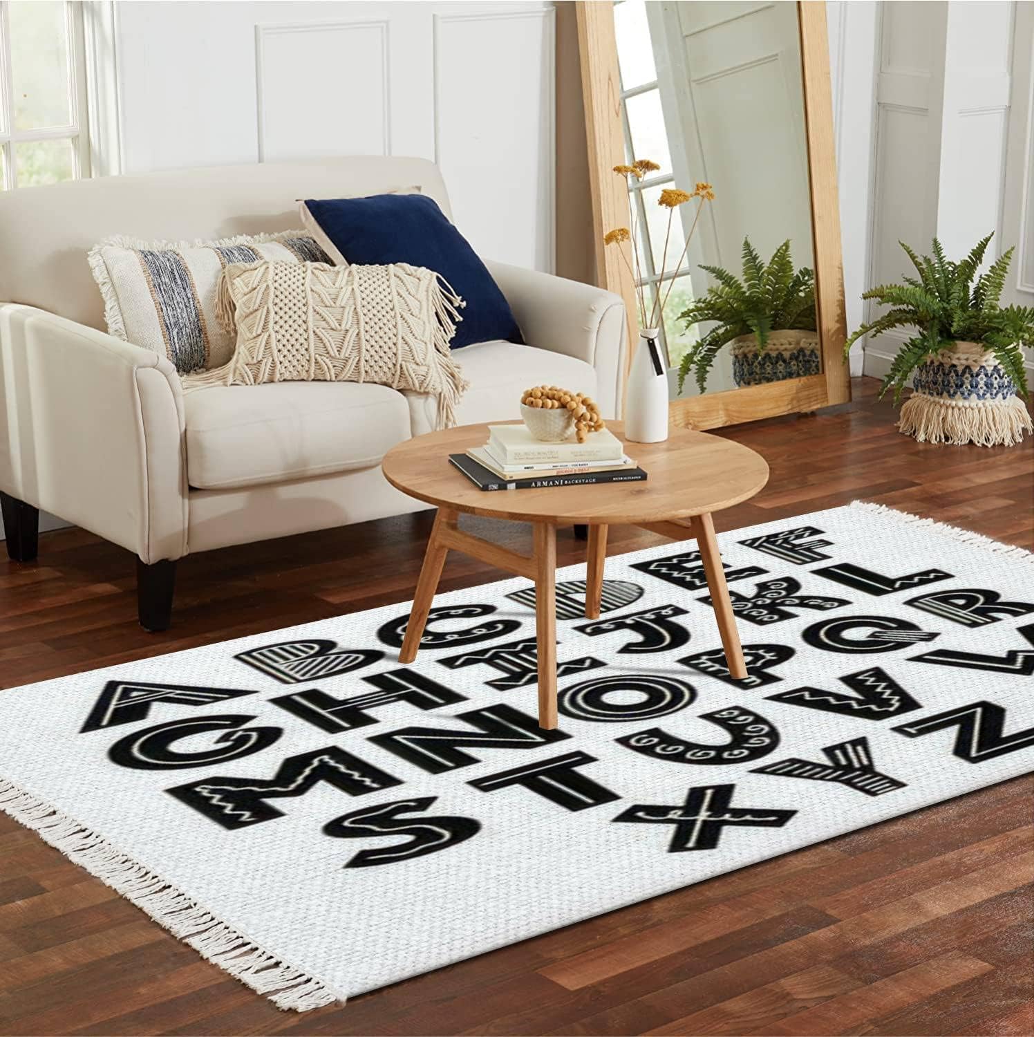 Woven Rug Scandinavian Black White Alphabet Font is Style Simple Boho Patio Mat Minimalist Home Decor Living Room Bedroom Playroom Bathroom 4x6'