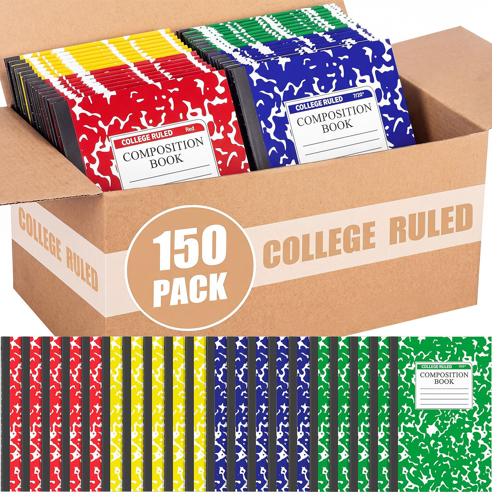 Fainne Confezione da 150 quaderni formato A5 con copertina marmorizzata per scuola, quaderni a righe larghe, per studenti, classe, ufficio, scuola (4 colori)