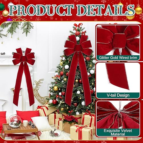 Miniatura 4 de Yinkin 36 lazos para decoración de árbol de Navidad extra grandes de 10 x 26 pulgadas, cinta de terciopelo rojo a granel con alambre dorado, lazos