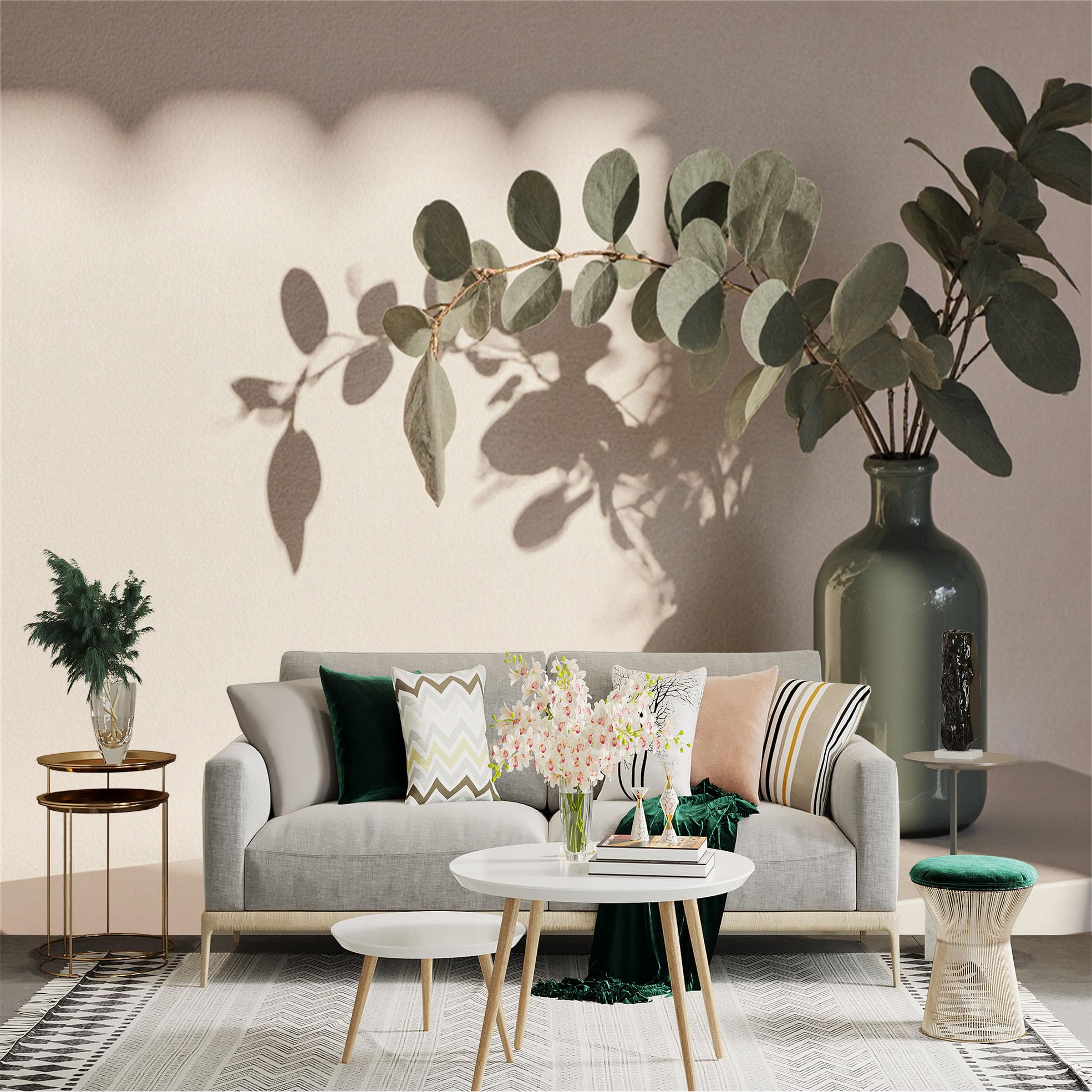 Custom Size Wall Sticker Mural， Minimalist Plant Leaves in Vase， Stacked Books， Soft Sunlight Shadow， for wall Decoration， peelandstick wall Decals.