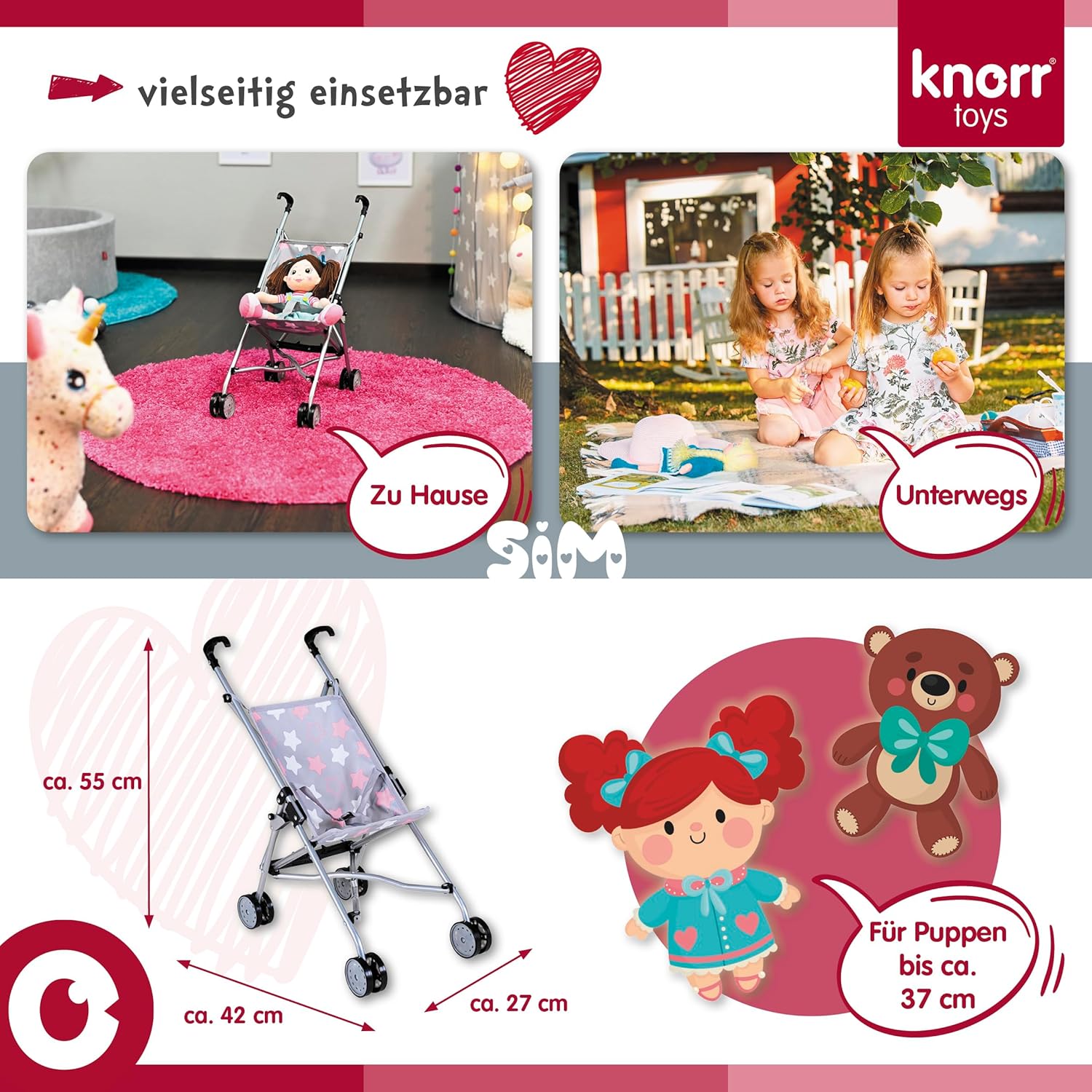 Knorrtoys 12644 Doll Buggy SIM Star Grey Pink