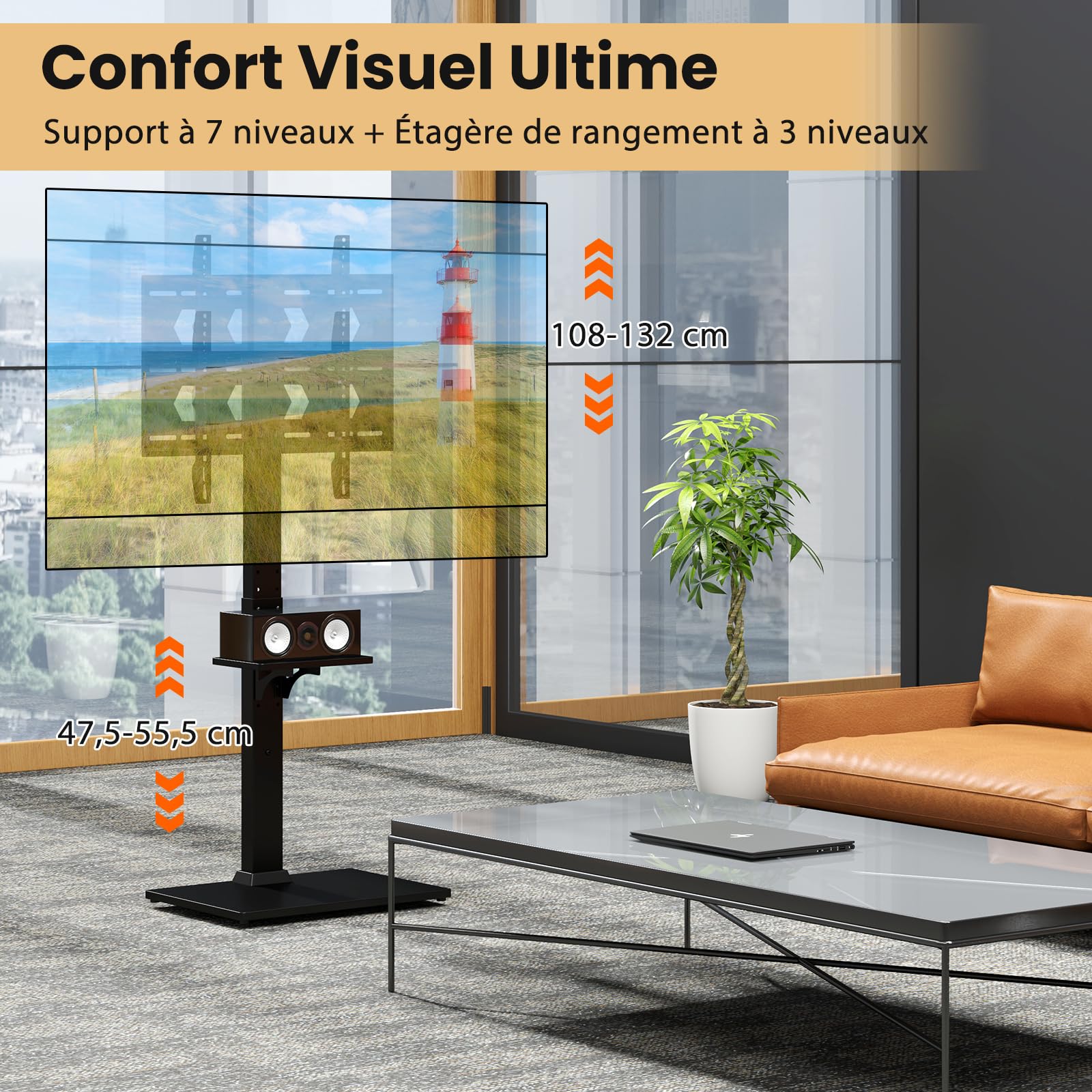 GYMAX Support TV sur Pied Inclinable, Hauteur Réglable, avec Prise de Courant, Étagère de Rangement, pour Télévision Écran de 32 à 70″ Jusqu'à 50 KG, VESA Max 600 x 400 mm