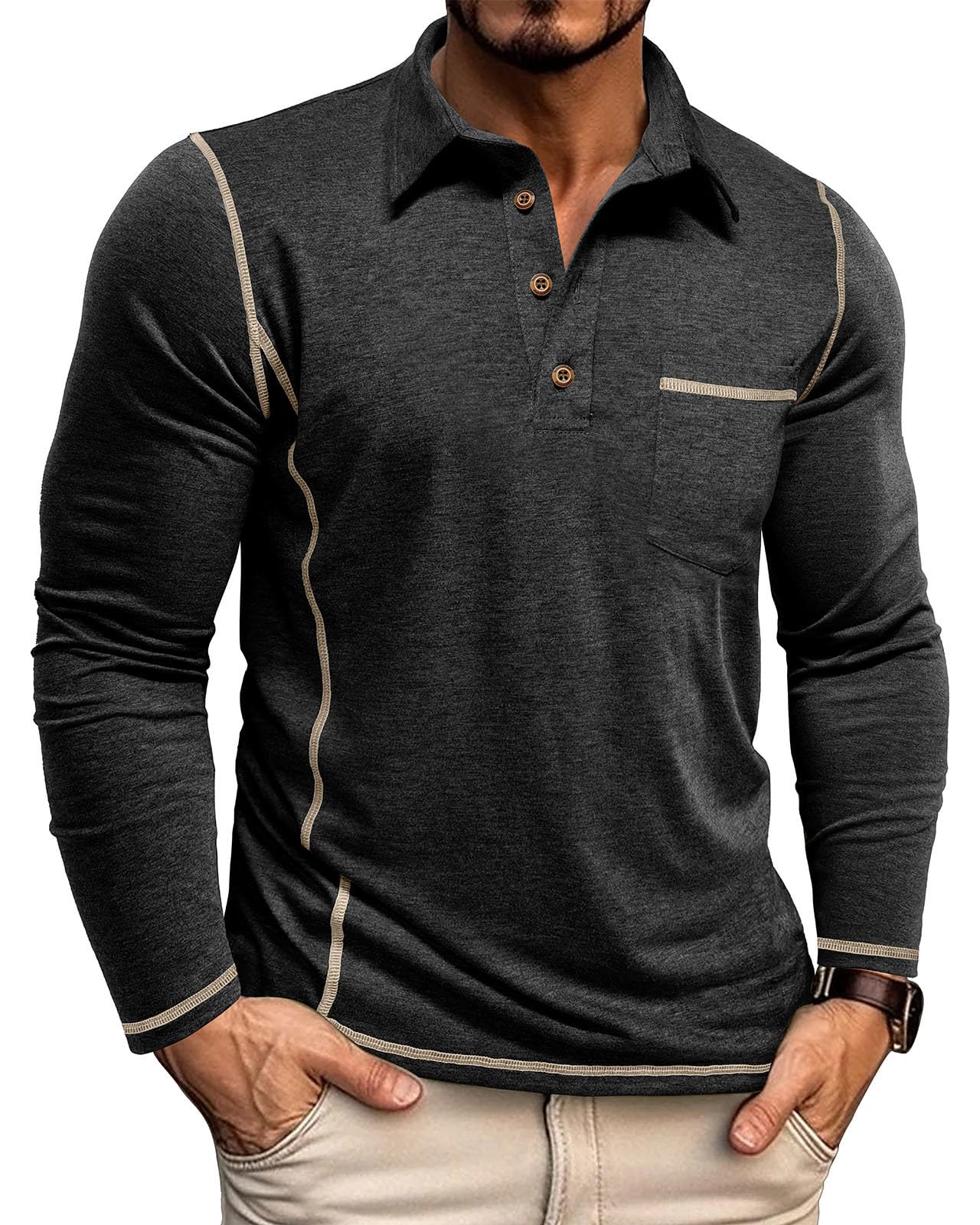 LAOARA Poloshirt Herren Langarm Polo Shirt T-Shirts für Herren Sport Slim Fit Regular mit Tasche Knopfleiste M-3XL