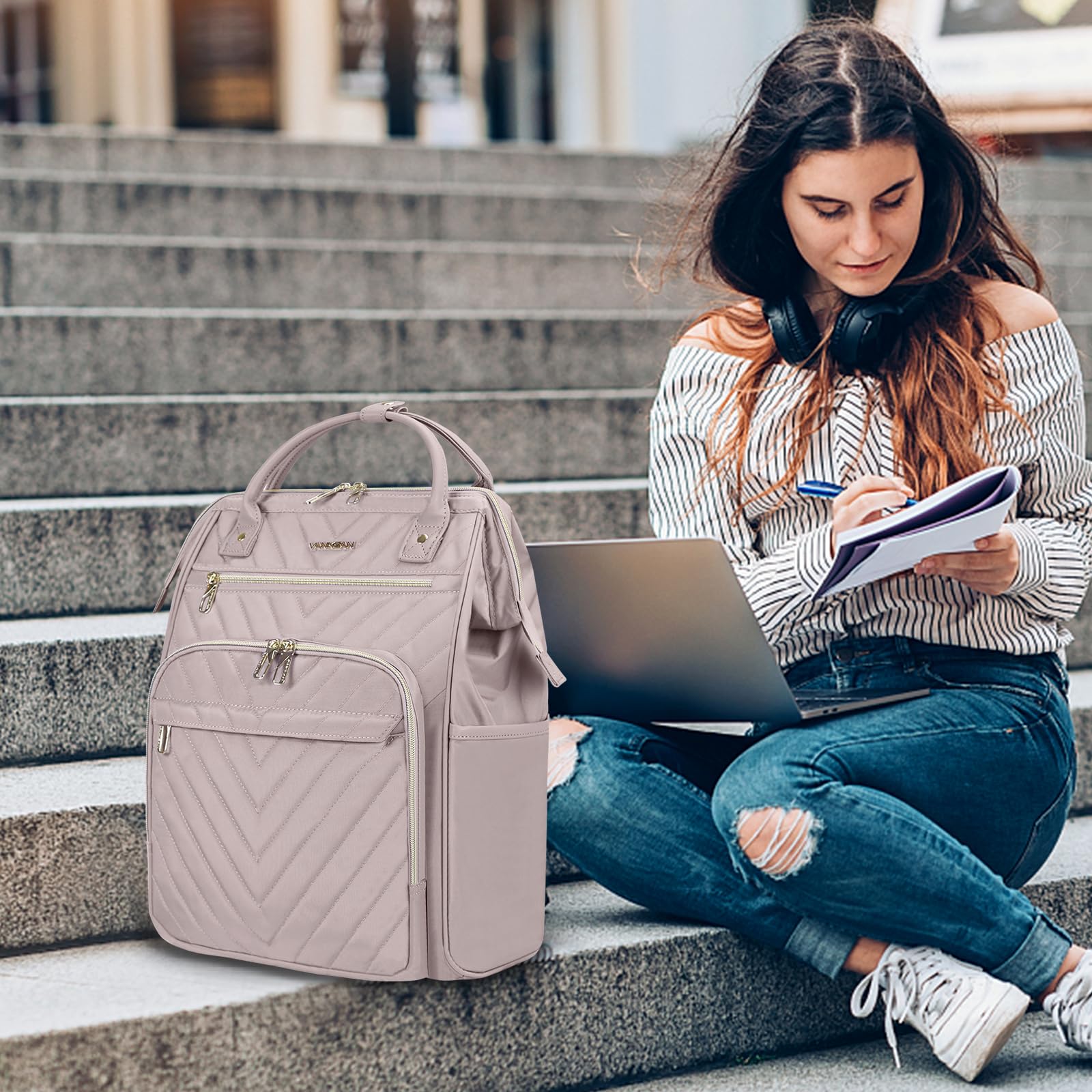 VANKEAN Sac à Dos Ordinateur Portable 17 Pouces Imperméable Grande Capacité Rose