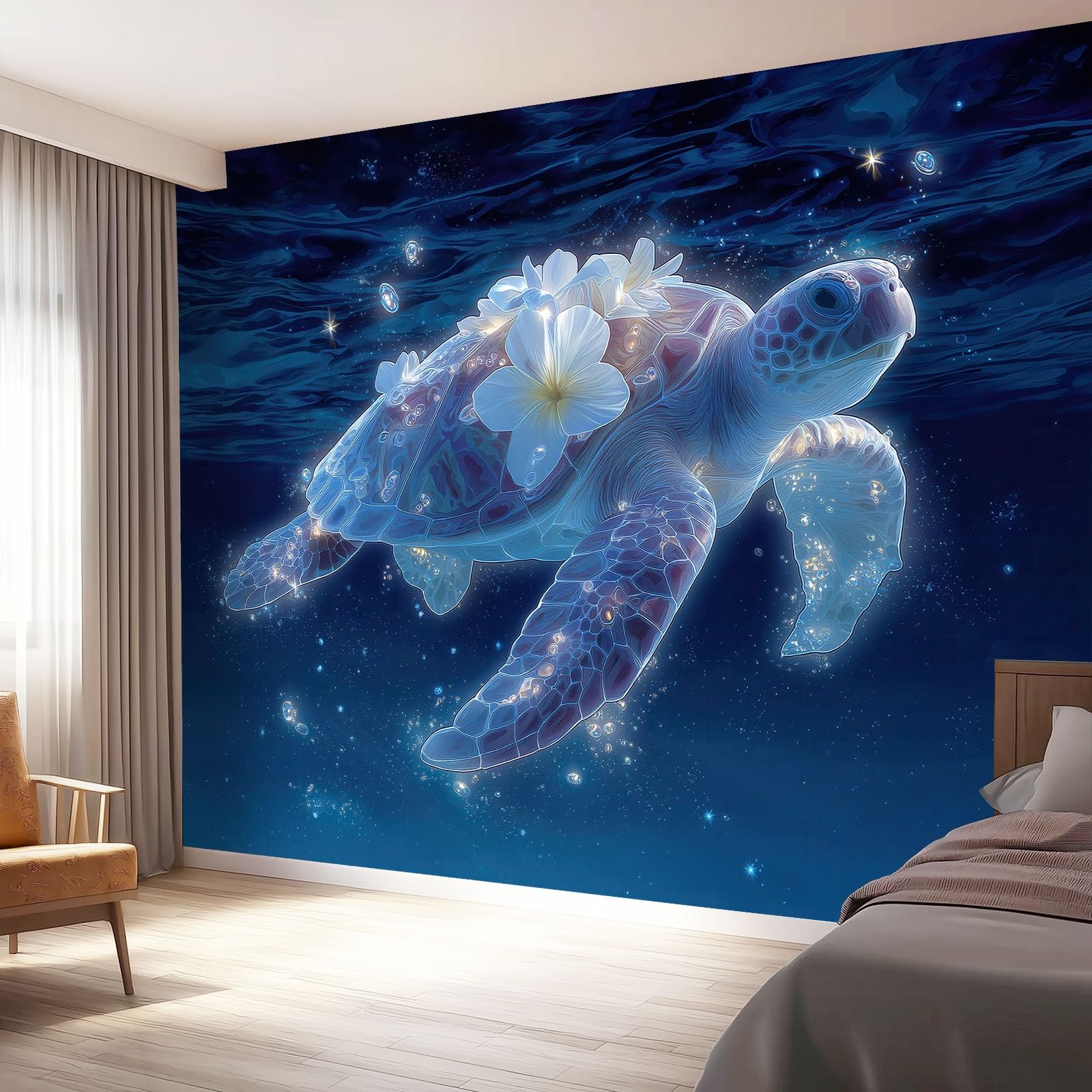 Duża fototapeta z włókniny 350 x 256 cm, marzycielski żółw ocean, nowoczesna tapeta do salonu i studia, niebieska