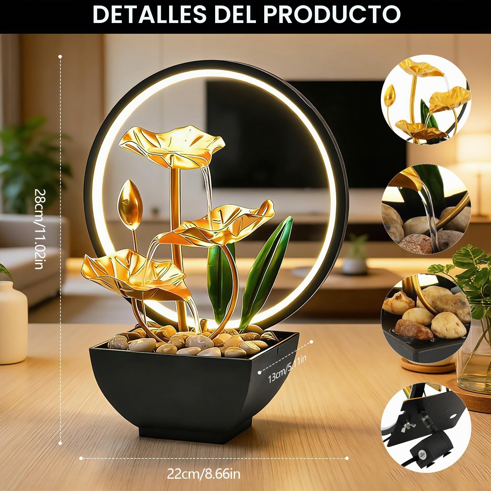Fuente de habitación con cascada, fuente de mesa con iluminación LED moderna decoración Zen con bomba silenciosa de 3 niveles, mini fuente de habitación pequeña para casa, oficina, sala de estar