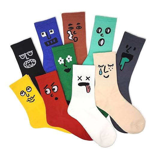 Meloday 10 PACK Crazy Funny Emotion Crew Socks Soft Cotton - 10 different fun designs and color per pack