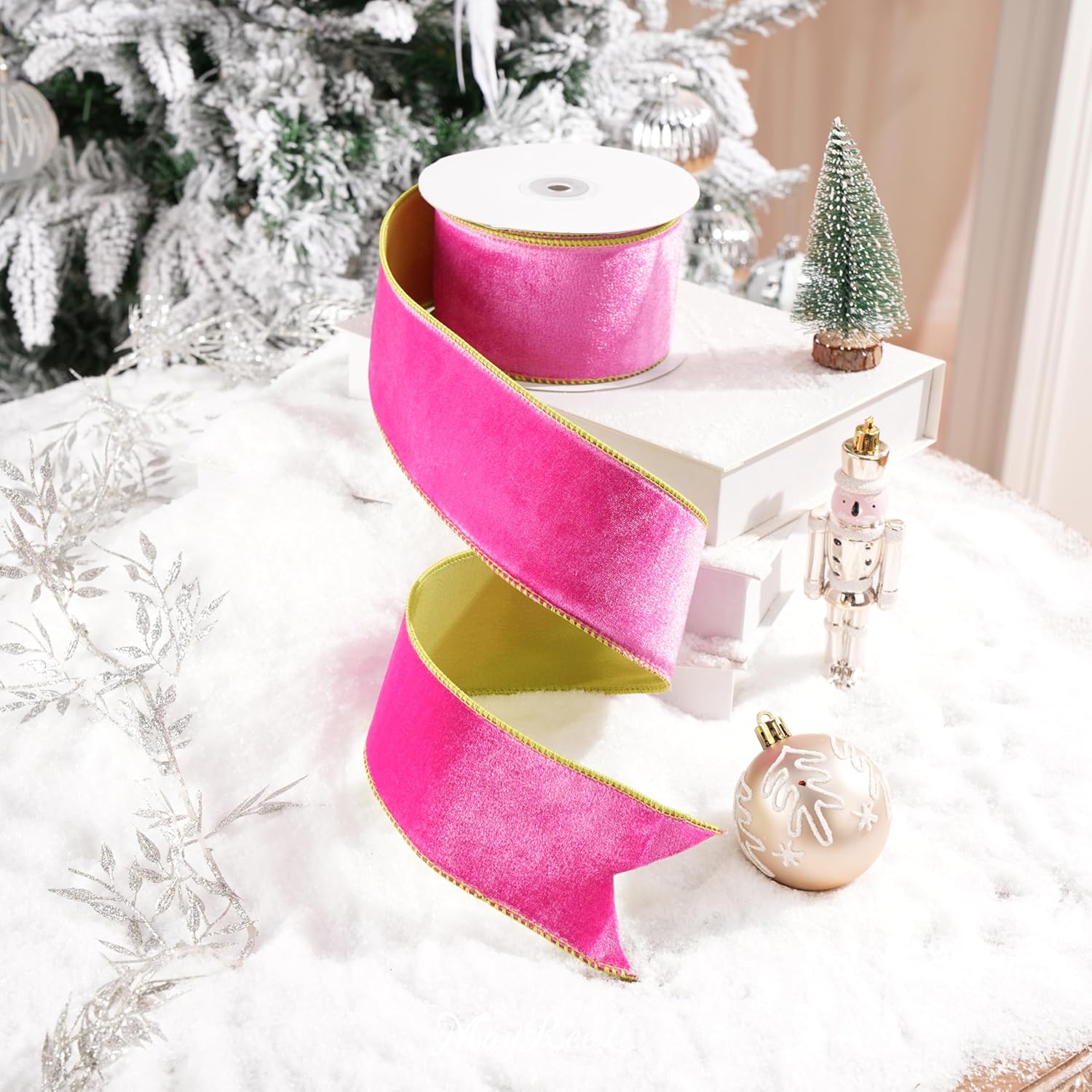MAYREEL 2.5 Inch Two-Tone Hot Pink and Lime Green Reversible French Velvet Wired Edge Ribbon for Christmas Tree Gift Wrapping Decorations Double Faced Design 10 Yards
