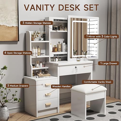Miniatura 4 de Escritorio de tocador con espejo iluminado y taburete, mesa de maquillaje con espejo deslizante iluminado LED, 3 modelos de color, escritorio de