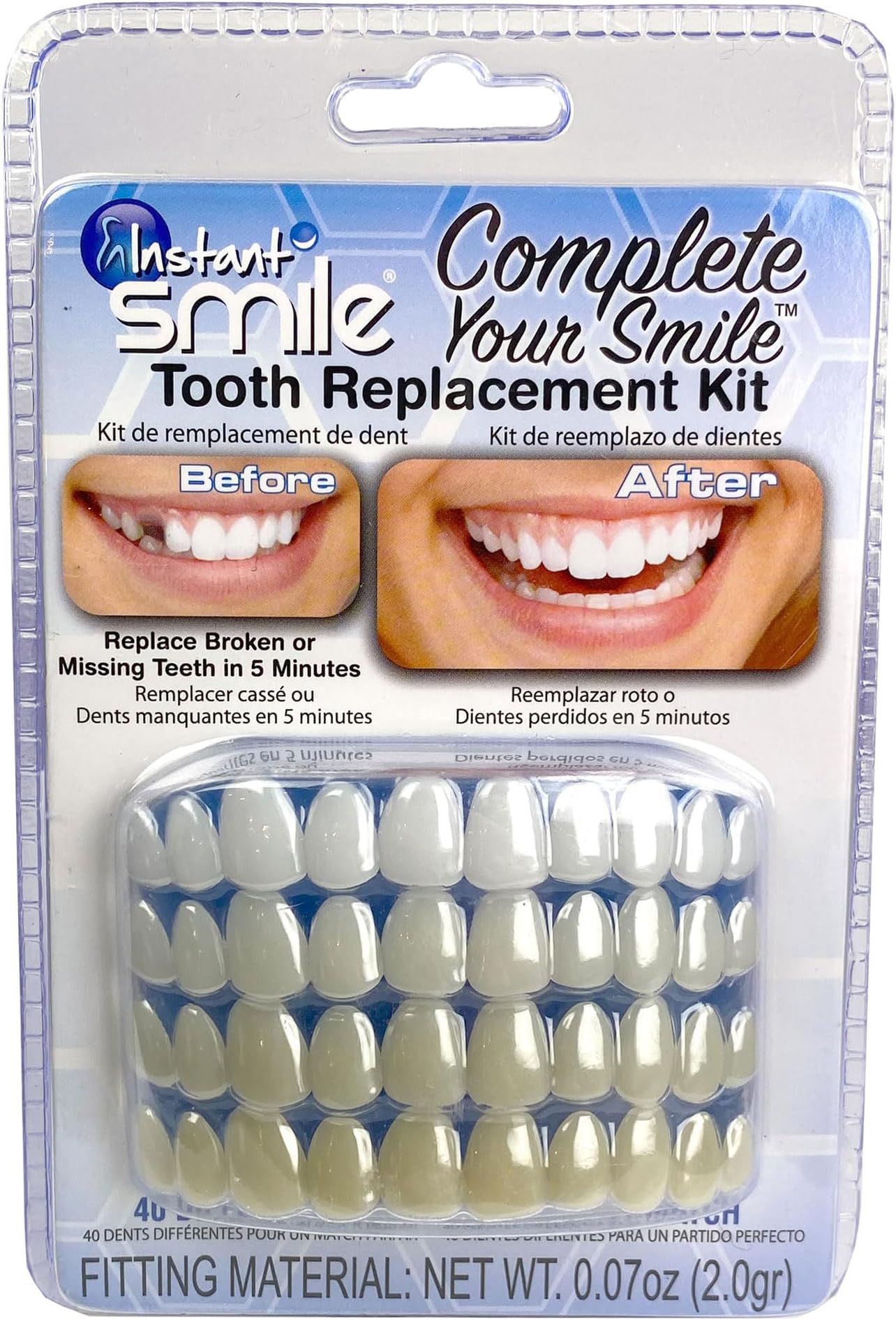 Instant Smile Complete Your Smile Temporary Tooth Replacement Kit, Broken or Missing Tooth Repair Kit, Bright White Natural and Dark Shades, Patented, 40 False Teeth
