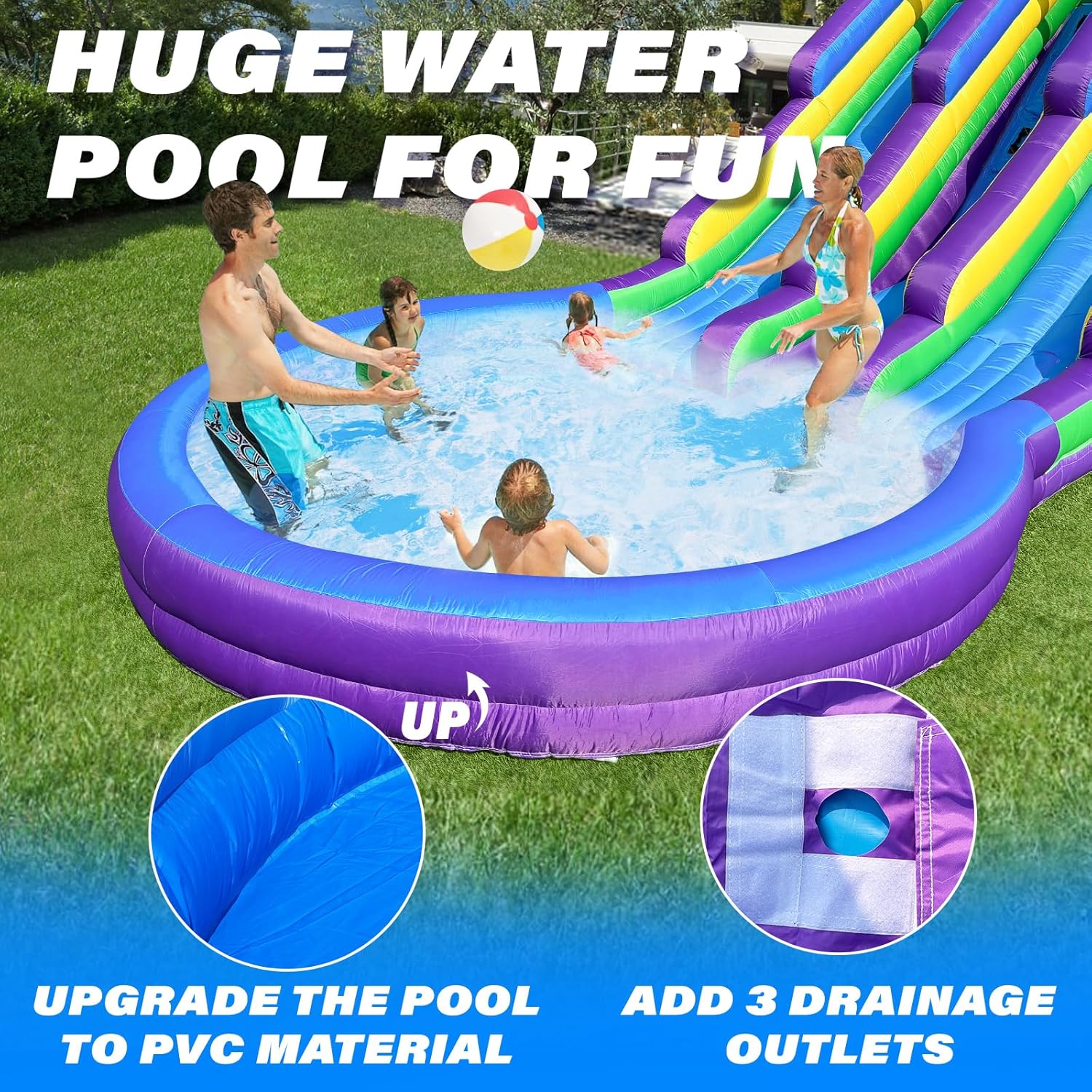 Inflatable Grade Double Water Slide for Kids and Adults with Big Splash Pool, 20.6 * 9.45 * 11.3FT Backyard Party Bule Oxford Water Slide with Air Blower-Purple
