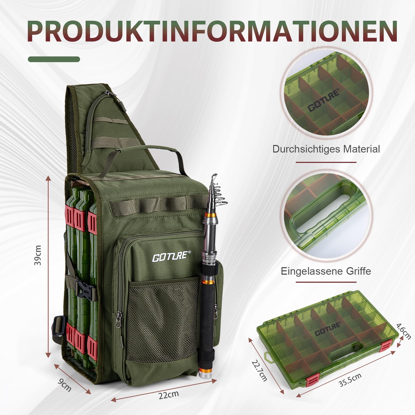 Goture Angeltasche mit 3 Köderboxen, Angelausrüstung, Wasserdicht Crossbody | Aus robustem 900D Oxford, mehrere Taschen, einstellbarer Riemen, geeignet für Wandern, Camping, Reisen