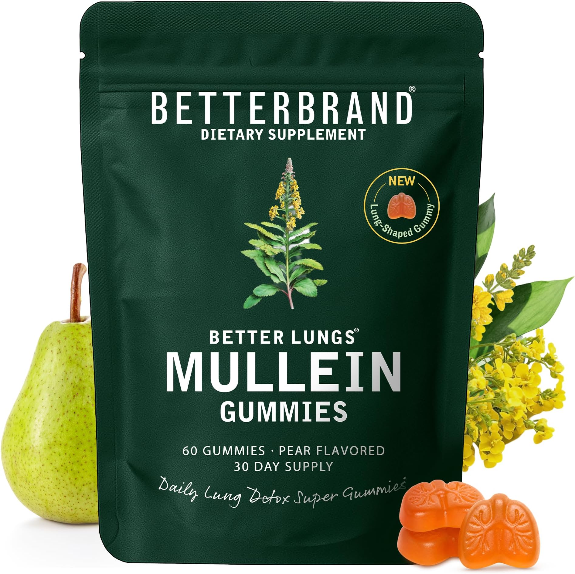 BetterLungs - Daily Respiratory Health Gummies | 1000mg Mullein Leaf herb Extract, Pear Flavor | Lung Health & Sinus Relief (30 Day Supply)