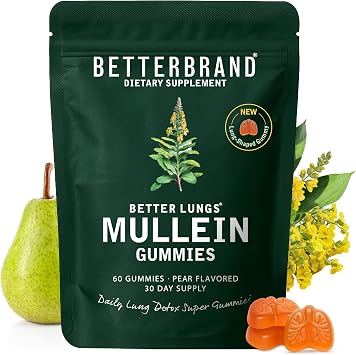 Betterbrand Mullein Chewable Gummies for Lung Cleanse and Detox, Respiratory Health Supplement, 2000mg Mullein Extract per Serving, 501 Extract - 30 Day Supply - Pear Flavored